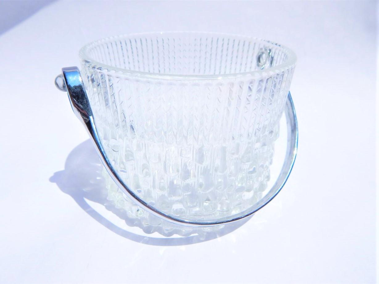 1960s Mod Glass Ice Bucket with Chrome handle and modern design. Marked made in France.