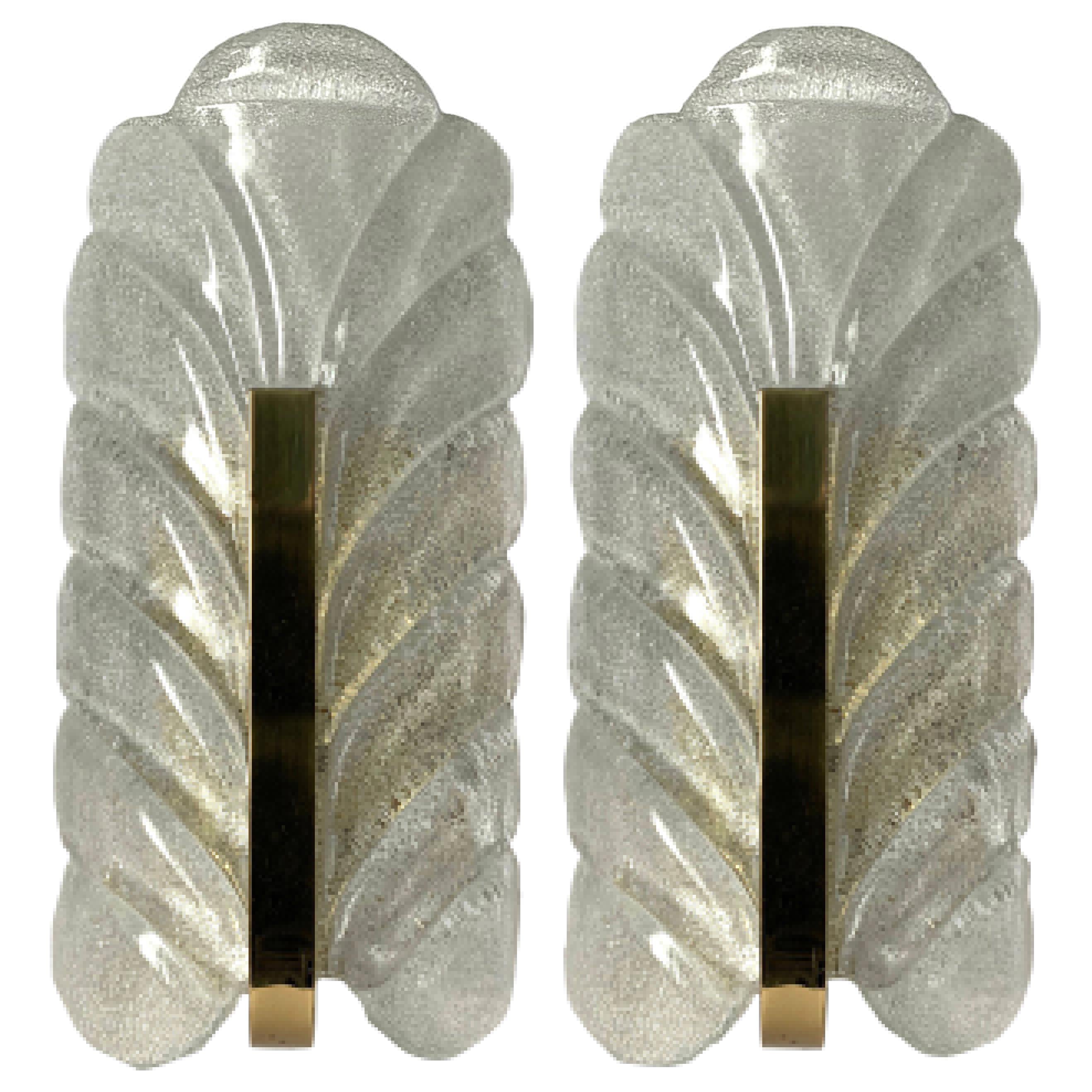 1960s Carl Fagerlund for Orrefors Glass Leaf Pair of Wall Sconces