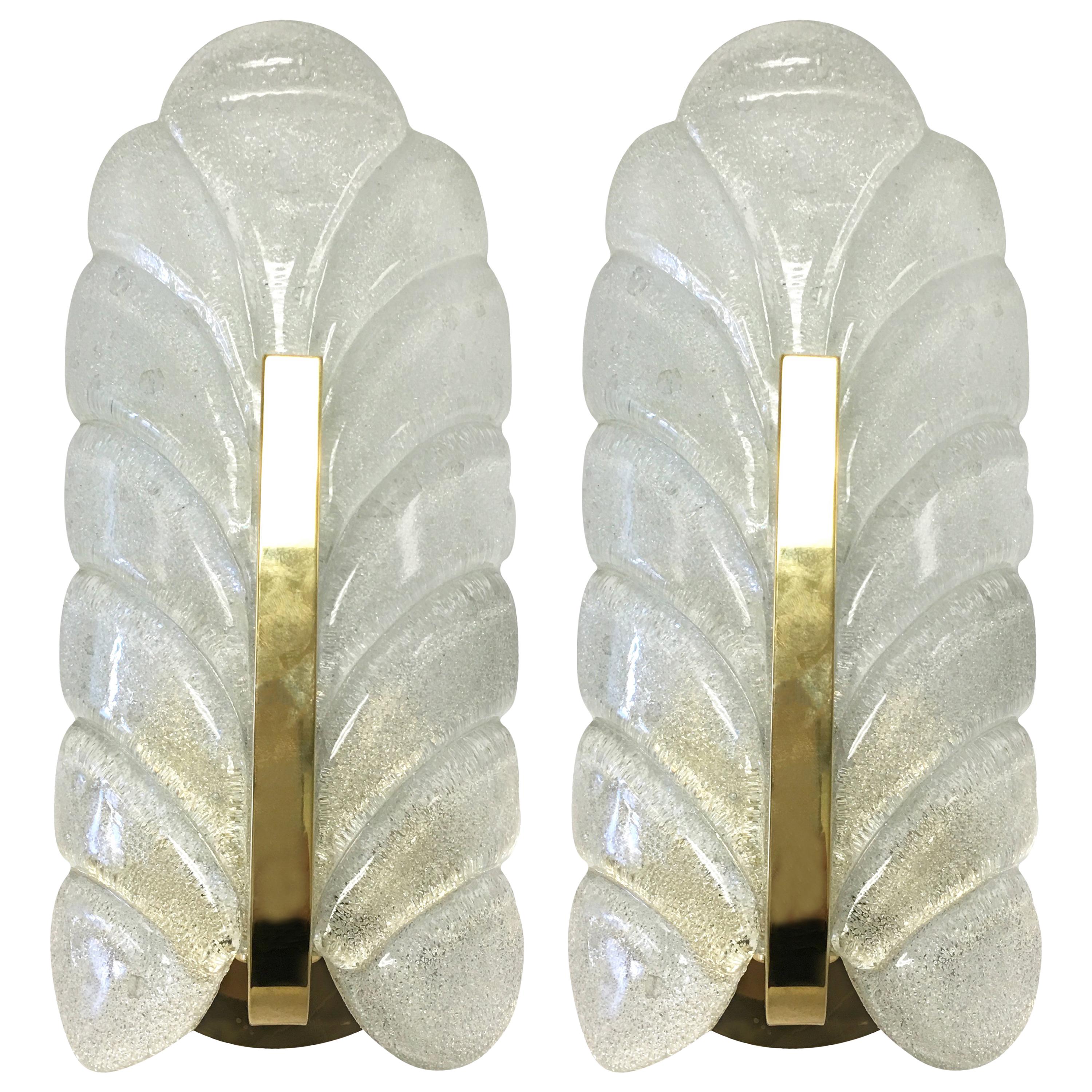 1960s Glass Leaf and Brass Wall Sconces by Carl Fagerlund for Orrefors, Pair
