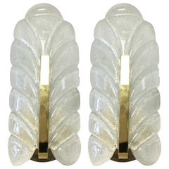 Vintage 1960s Glass Leaf and Brass Wall Sconces by Carl Fagerlund for Orrefors, Pair