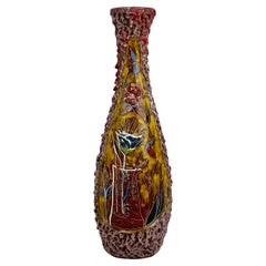 Vaso in ceramica smaltata multicolore degli anni '60 con composizione floreale a graffiti di Melior