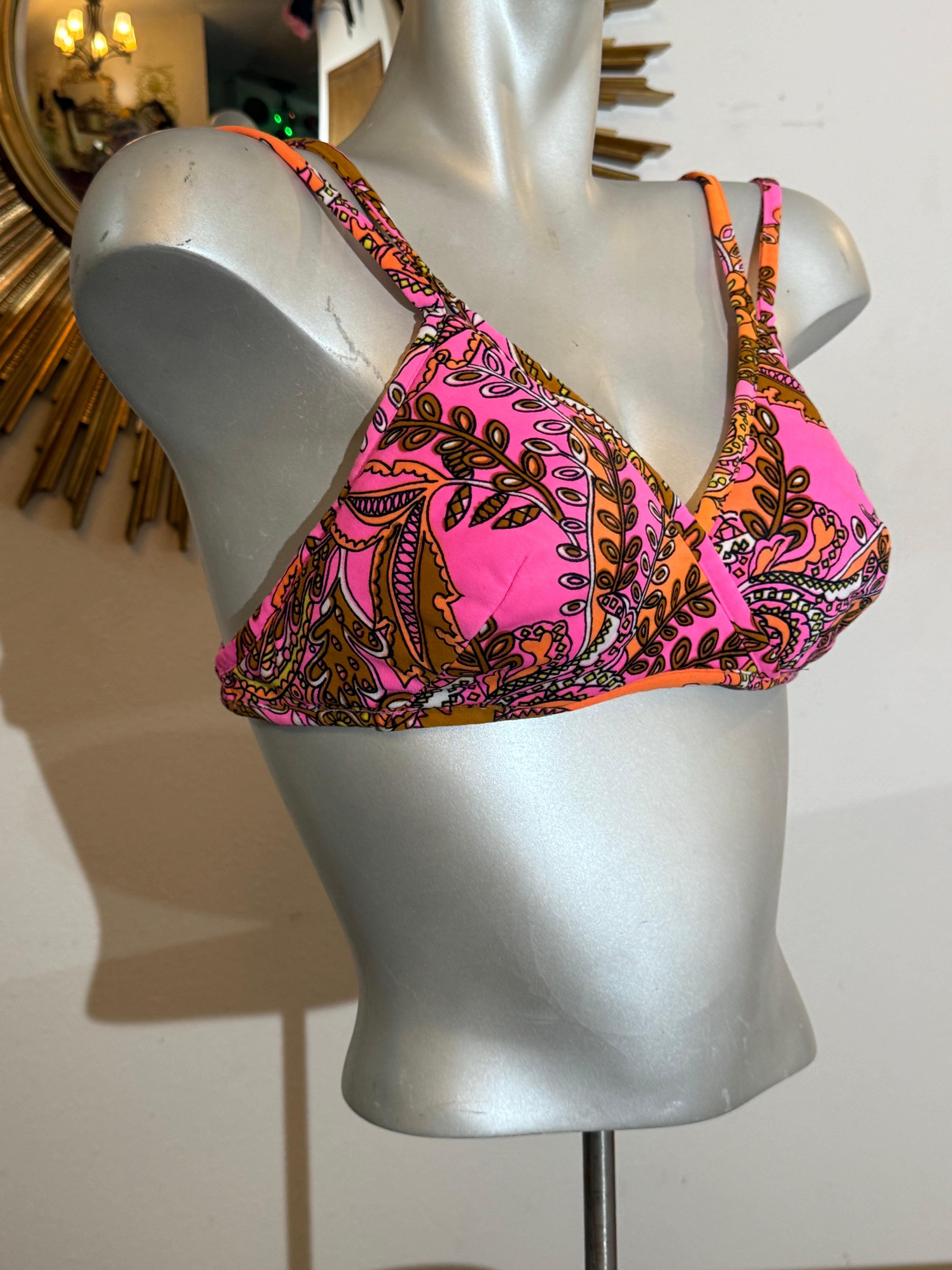 1960 Glenbrooke Pink & Orange Psychedelic Floral Mod Print Bikini Swim Top en vente 5