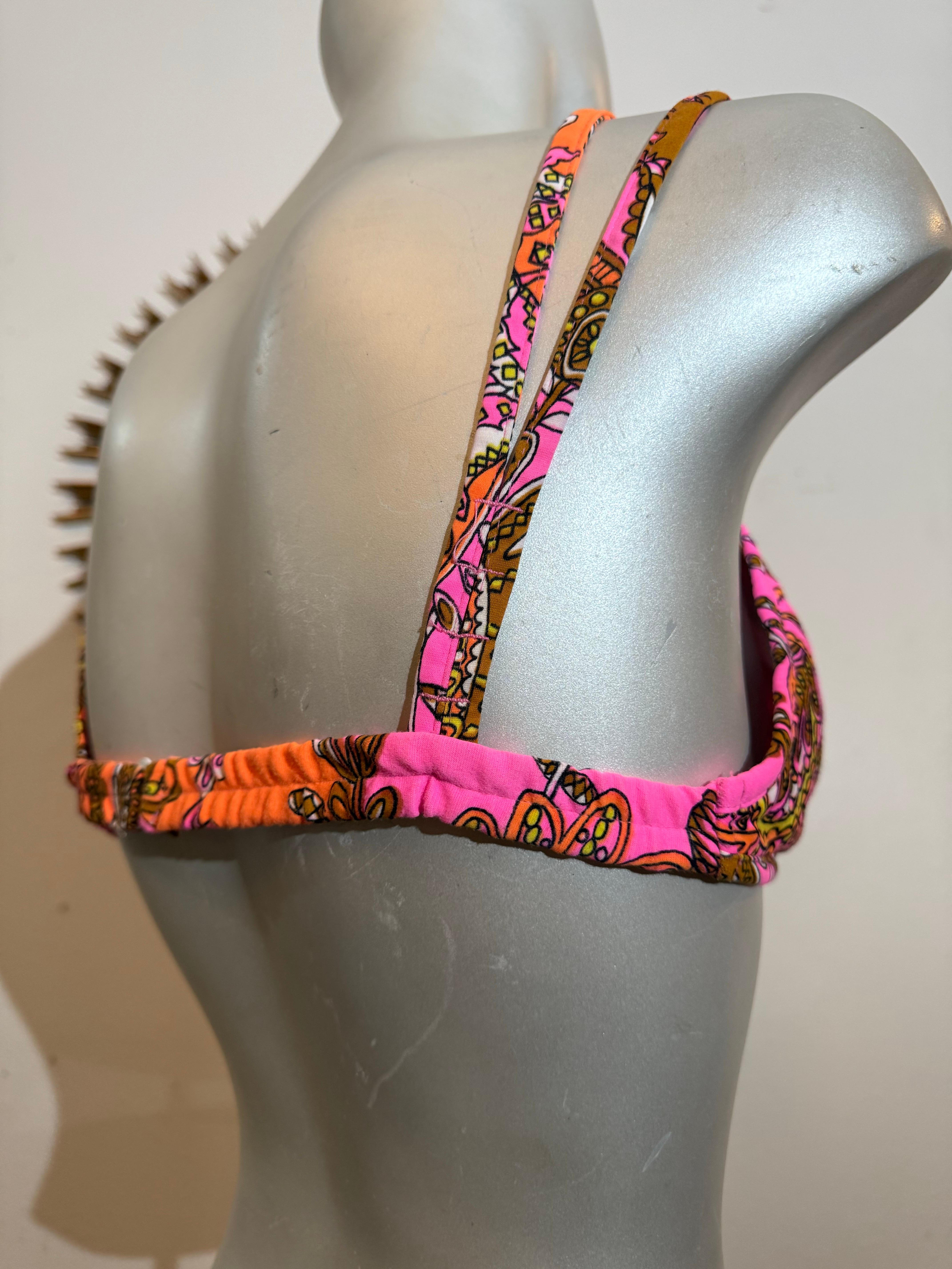 1960 Glenbrooke Pink & Orange Psychedelic Floral Mod Print Bikini Swim Top en vente 6