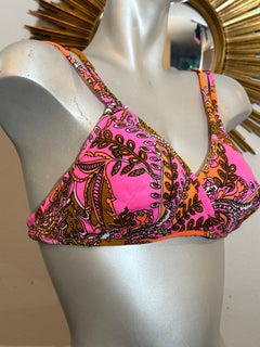 1960s Glenbrooke Pink & Orange Psychedelic Floral Mod Print Bikini Swim Top