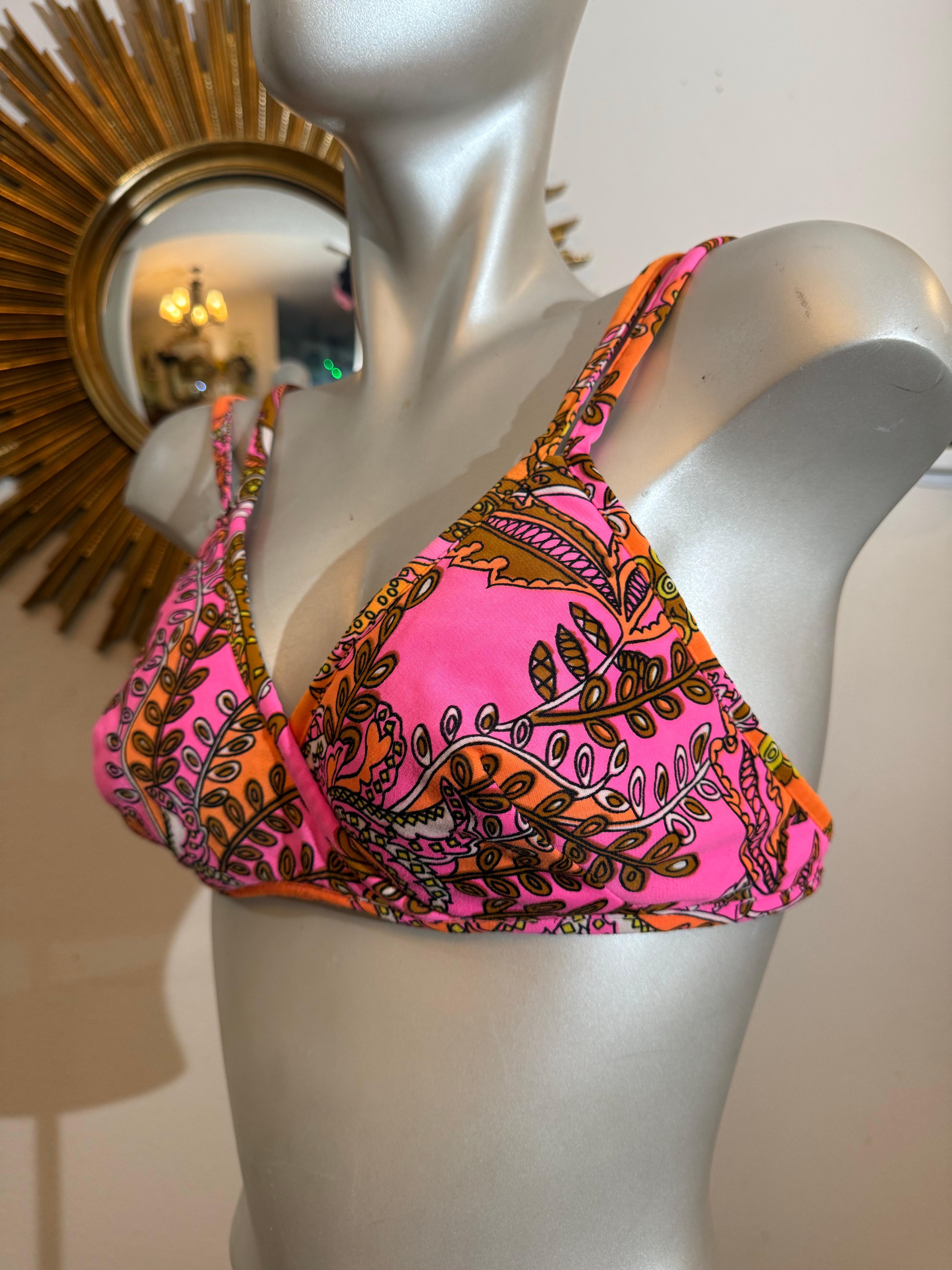 Rose 1960 Glenbrooke Pink & Orange Psychedelic Floral Mod Print Bikini Swim Top en vente