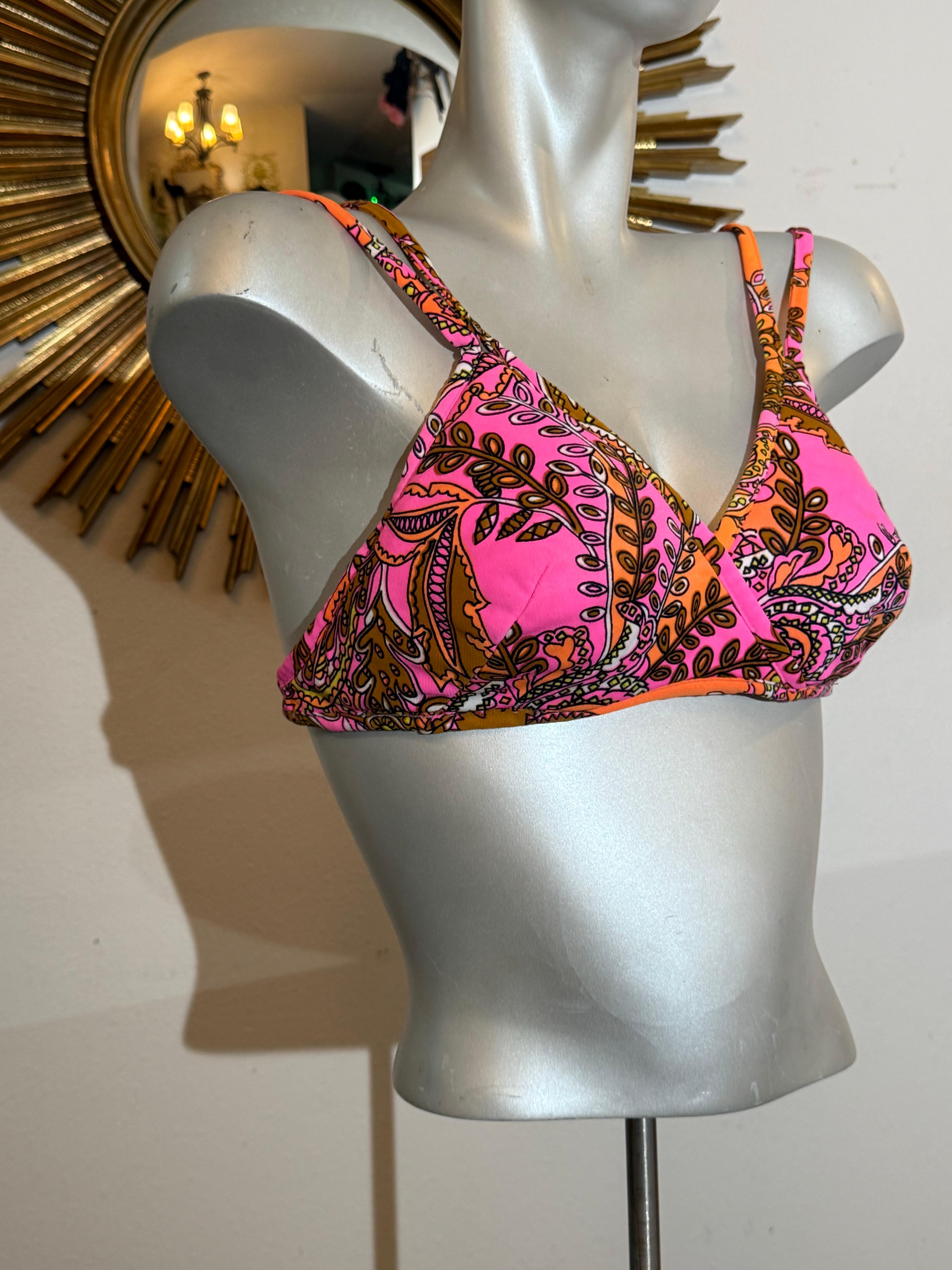 1960 Glenbrooke Pink & Orange Psychedelic Floral Mod Print Bikini Swim Top Excellent état - En vente à Gresham, OR