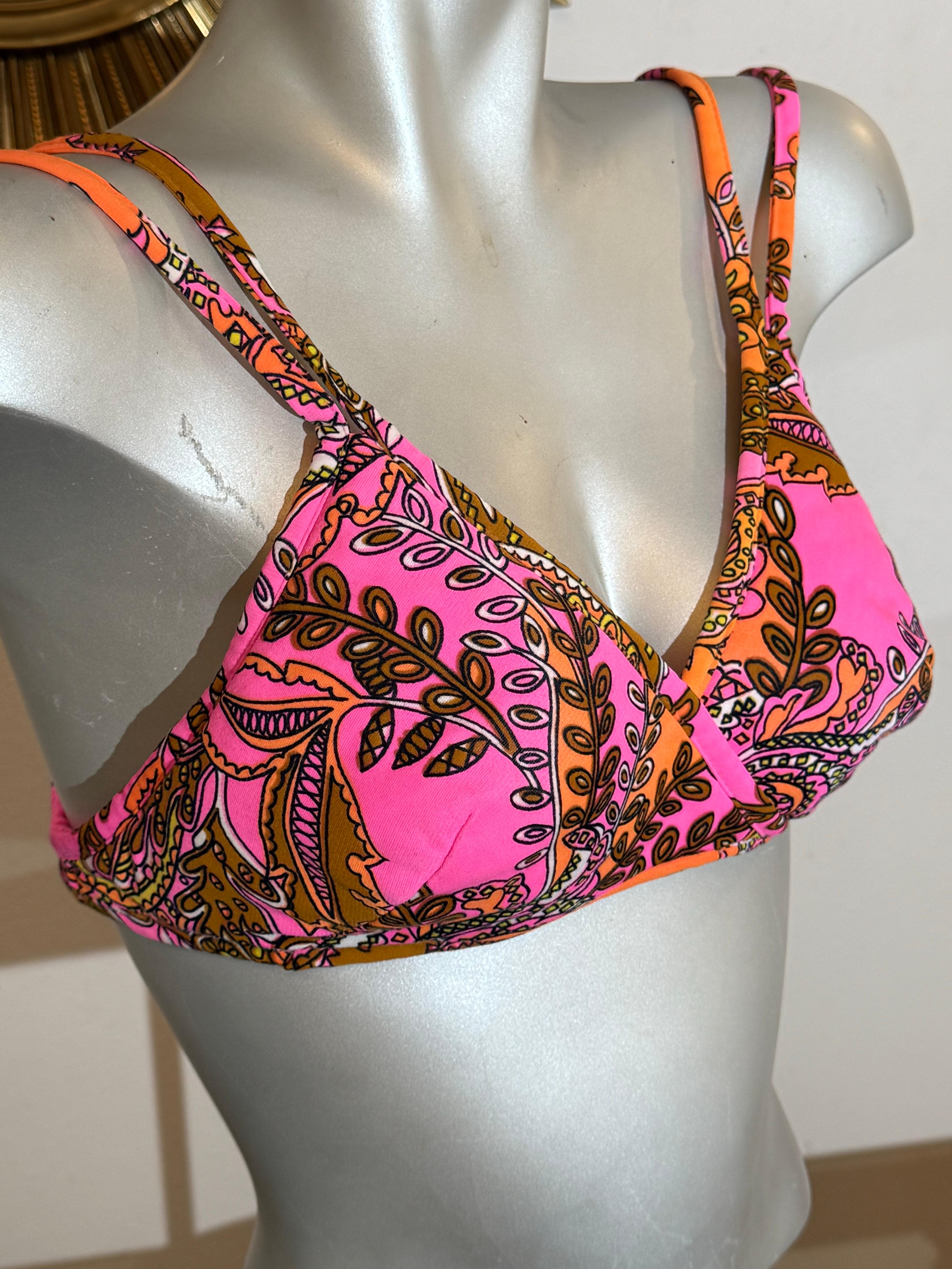 1960 Glenbrooke Pink & Orange Psychedelic Floral Mod Print Bikini Swim Top Pour femmes en vente
