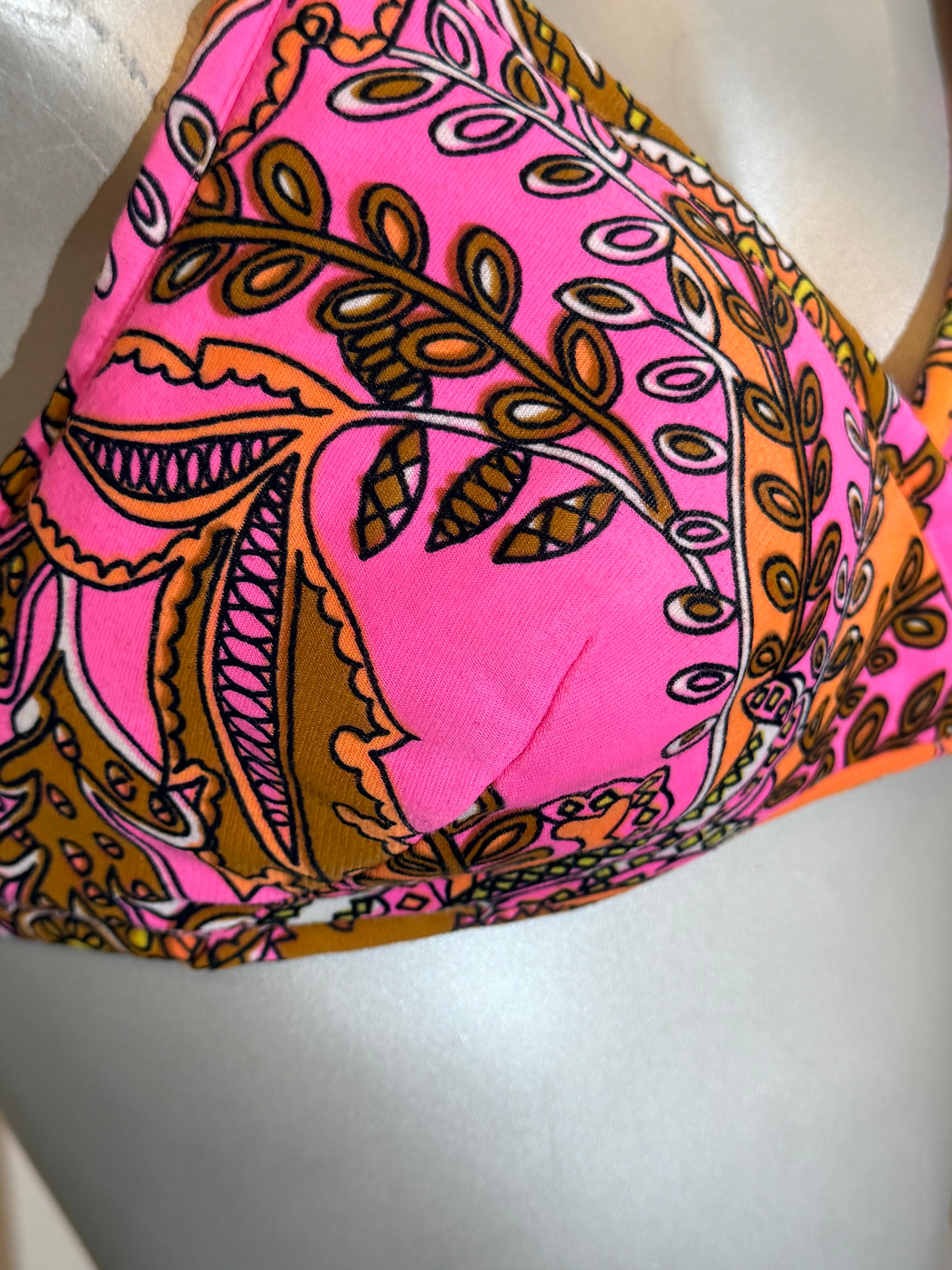 1960 Glenbrooke Pink & Orange Psychedelic Floral Mod Print Bikini Swim Top en vente 3