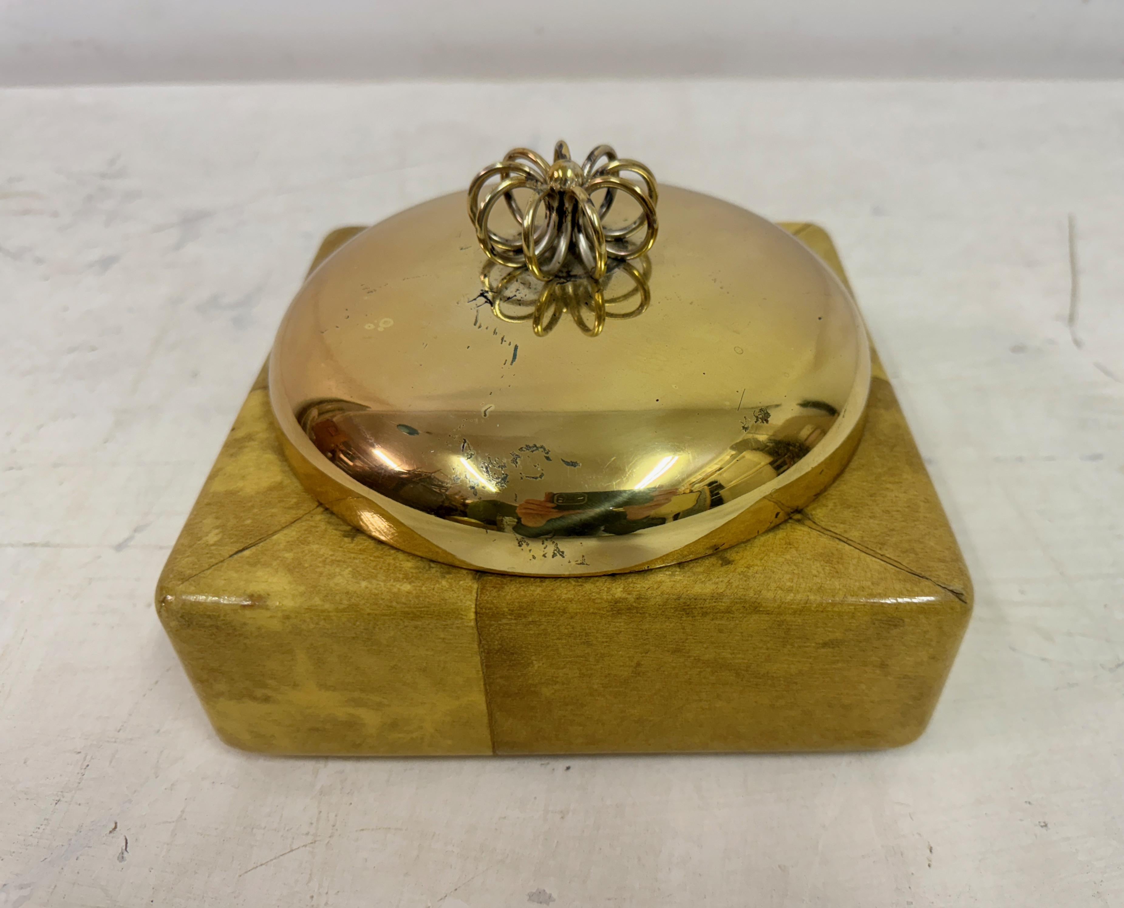 Italian 1960s Goatskin and Brass Dish with Lid by Aldo Tura For Sale