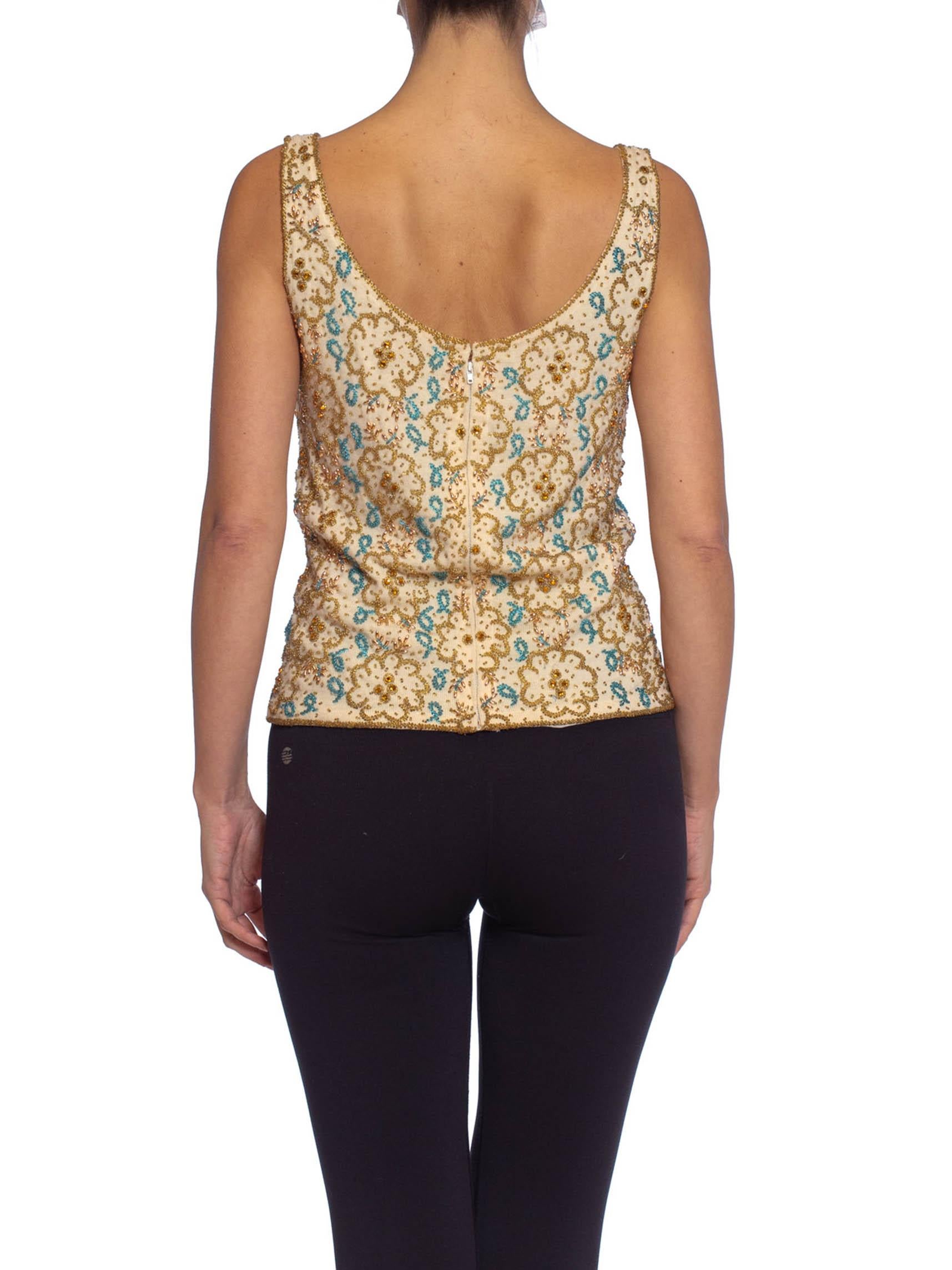 1960S Gold & Aqua Blue Beaded Wool Knit Shell Top In Excellent Condition For Sale In New York, NY