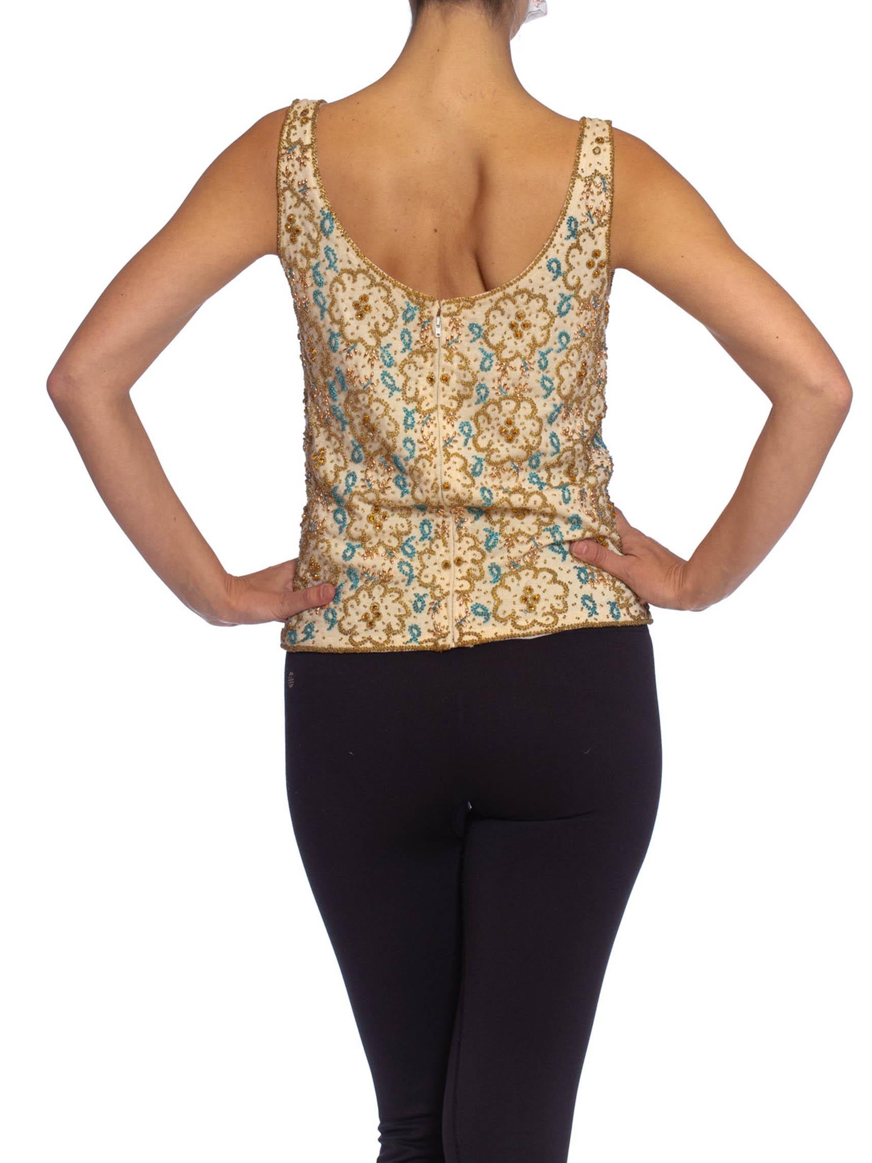 1960S Gold & Aqua Blue Beaded Wool Knit Shell Top For Sale 2