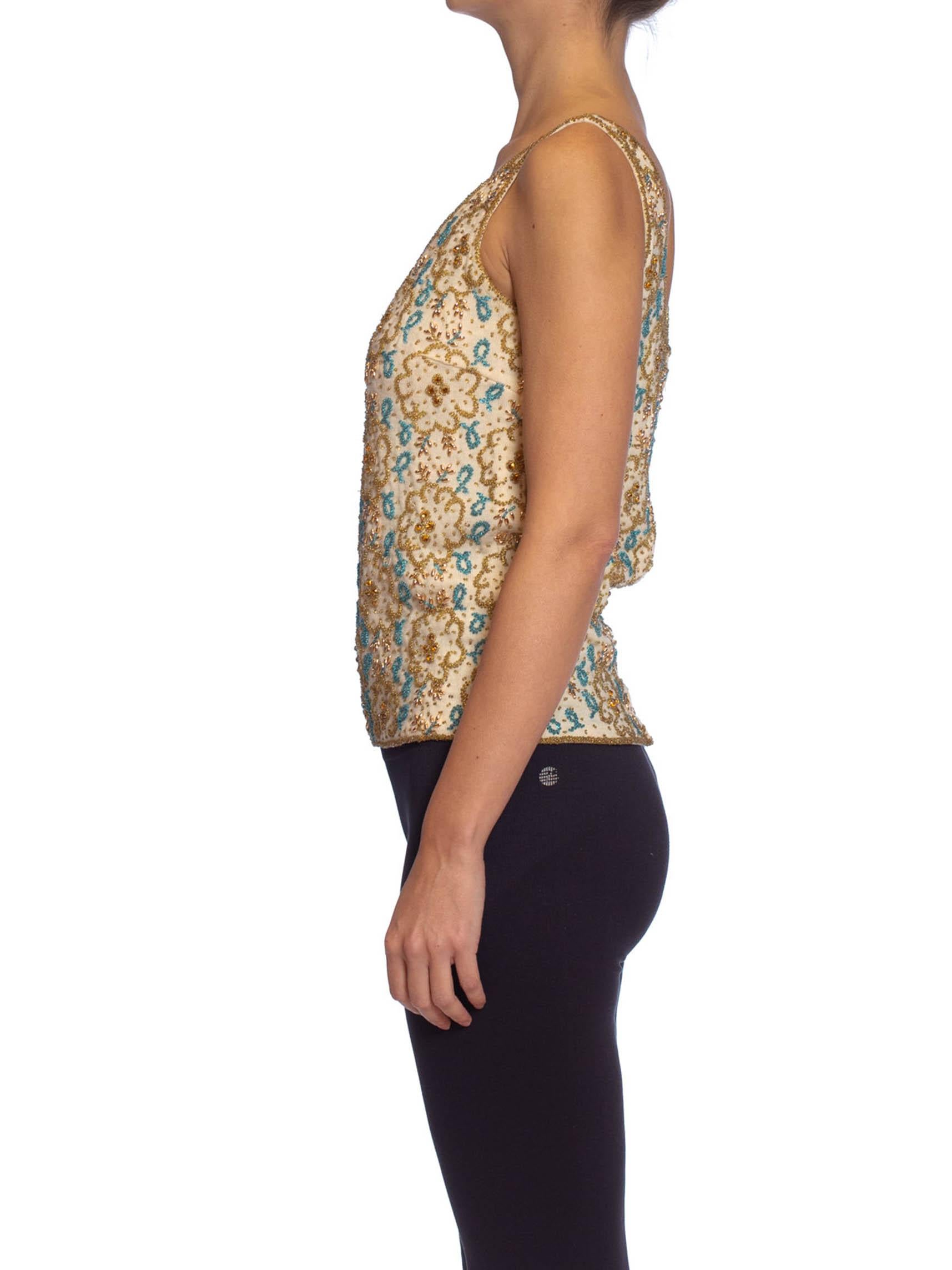 1960S Gold & Aqua Blue Beaded Wool Knit Shell Top For Sale 3