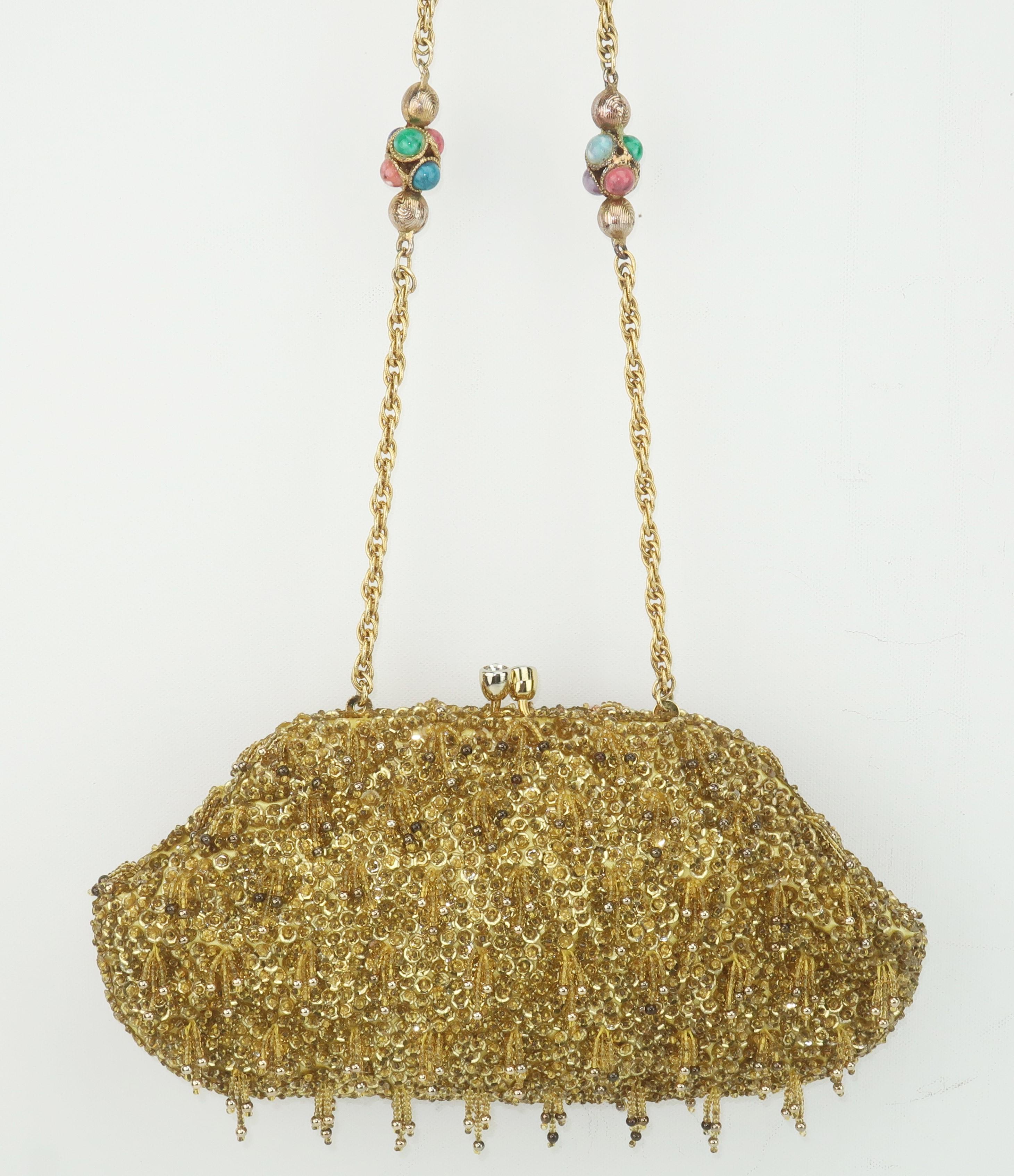 Brown 1960's Gold Beaded Sequin Evening Handbag