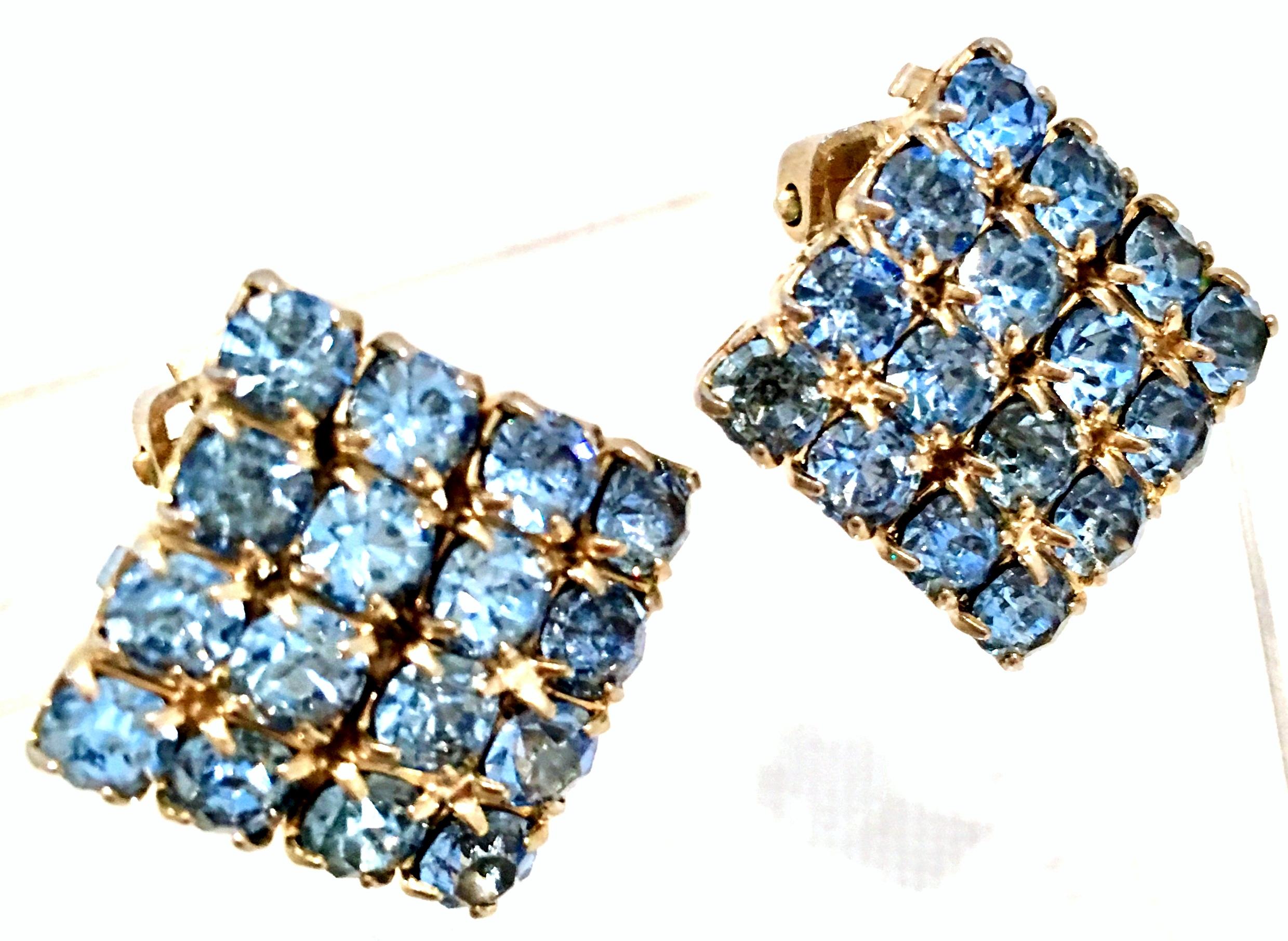 1960'S Gold & Blue Sapphire Swarovski Crystal Earrings In Good Condition In West Palm Beach, FL