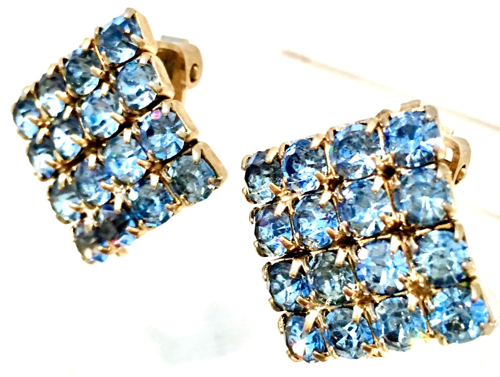Women's or Men's 1960'S Gold & Blue Sapphire Swarovski Crystal Earrings