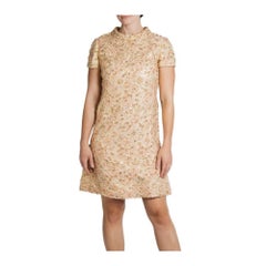 Abito da cocktail in seta lurex con perline, anni '60, oro e bordeaux