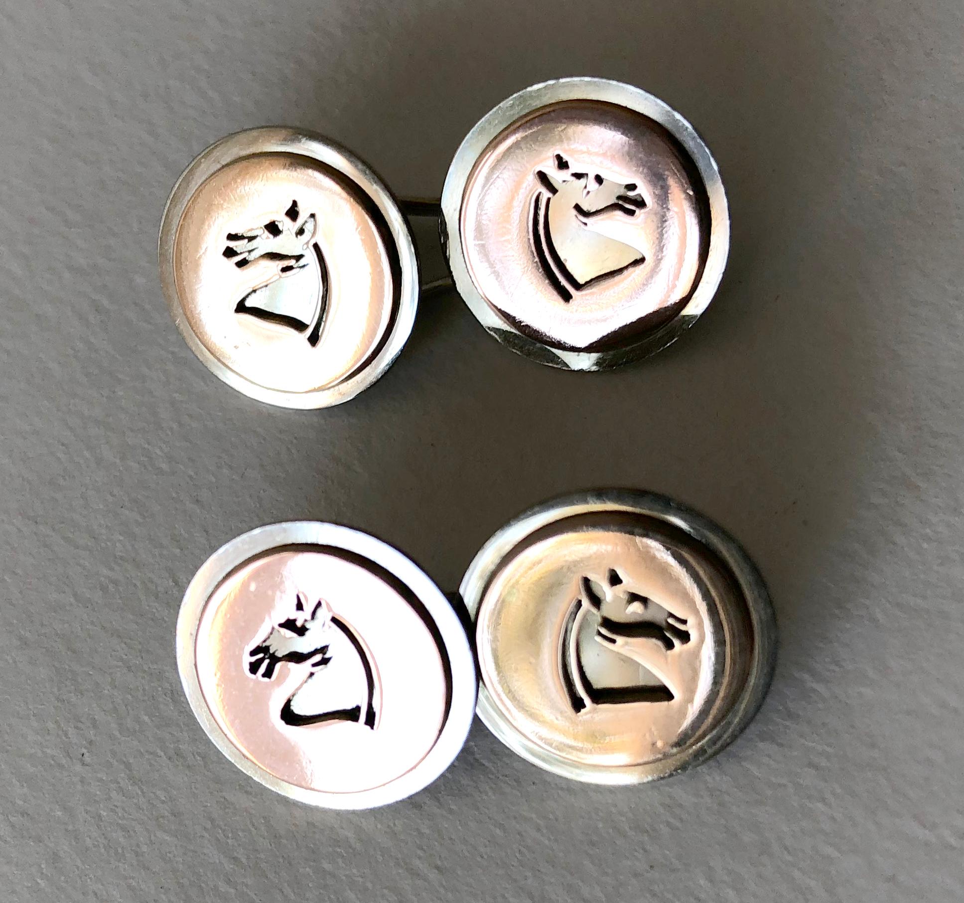 18k white and rose gold horse head silhouette cufflinks, circa 1960's.  Cufflinks have good weight and are a perfect gift for a chess player.  Unsigned and measuring 1/2