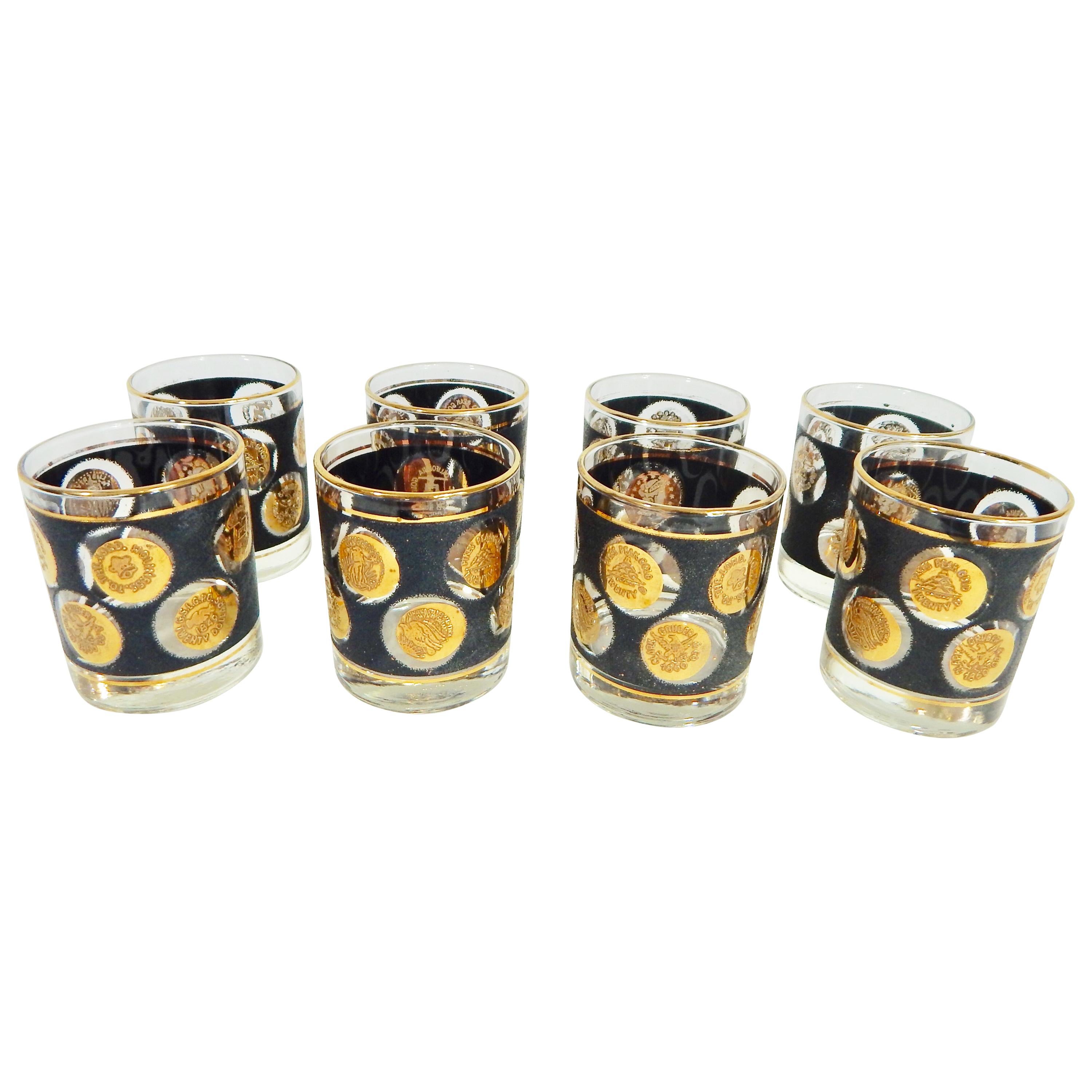 1960s Gold Coin and Black Libbey Glass Set of Eight
