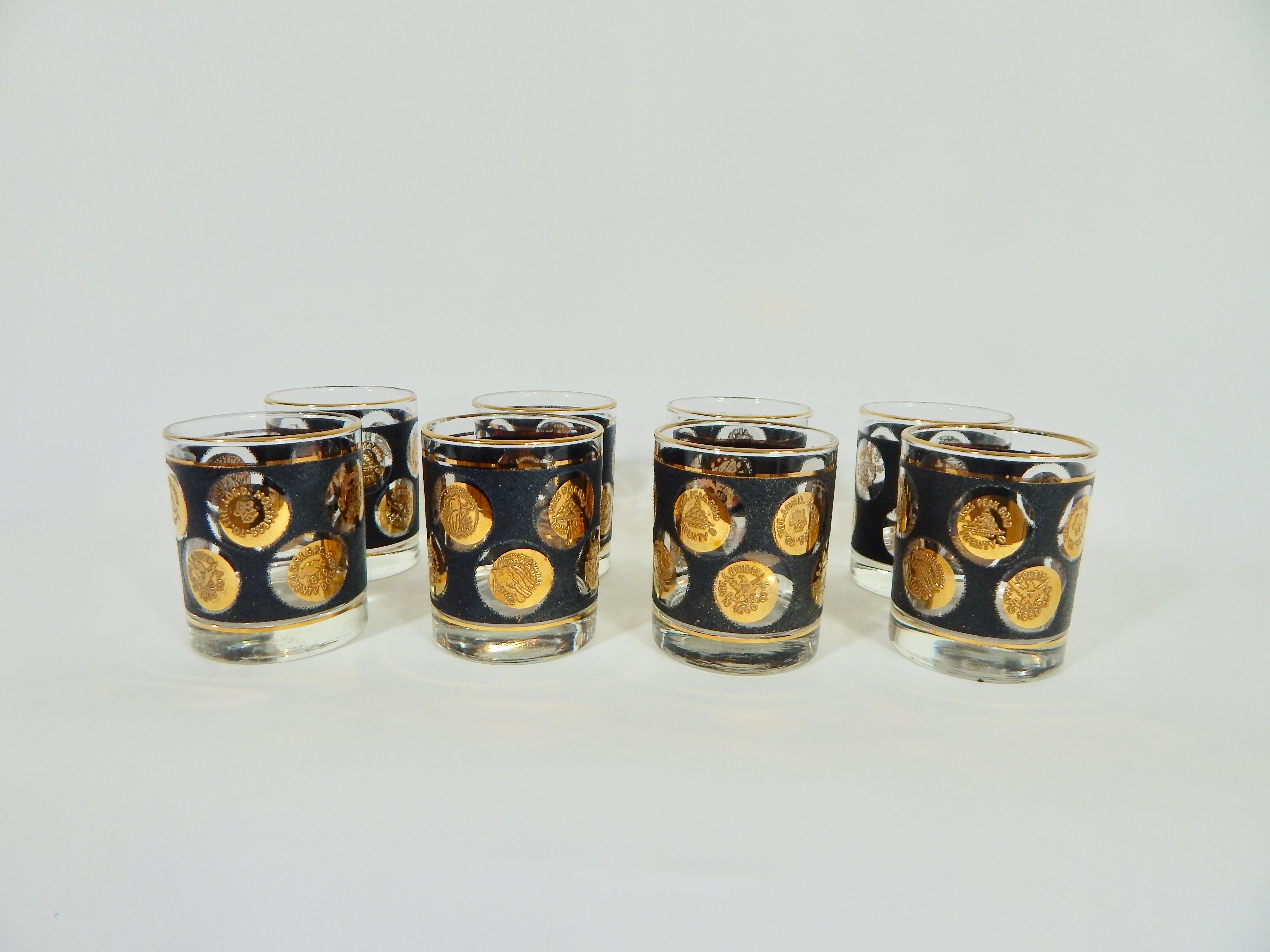 1960s midcentury low ball glasses by Libbey. Set of eight. Textured gold coin design.