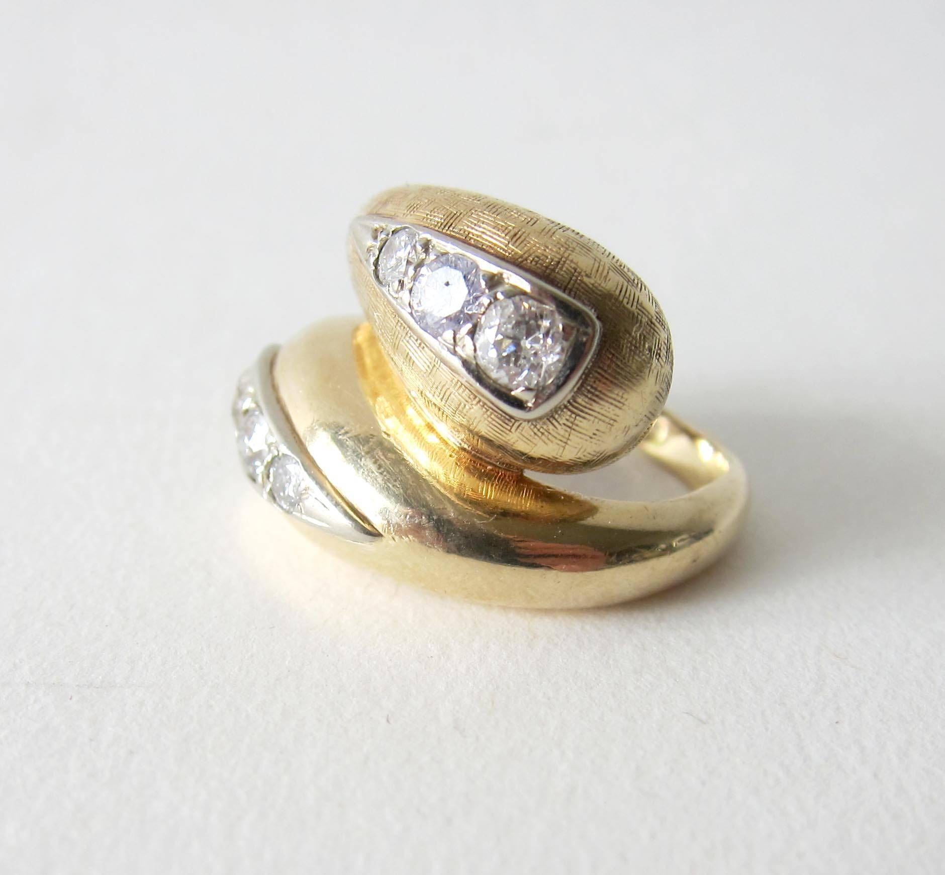 Modernist 1960s Textured Gold Diamond Bypass Cocktail Ring