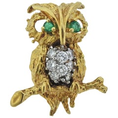 1960s Gold Diamond Emerald Owl Brooch Pin