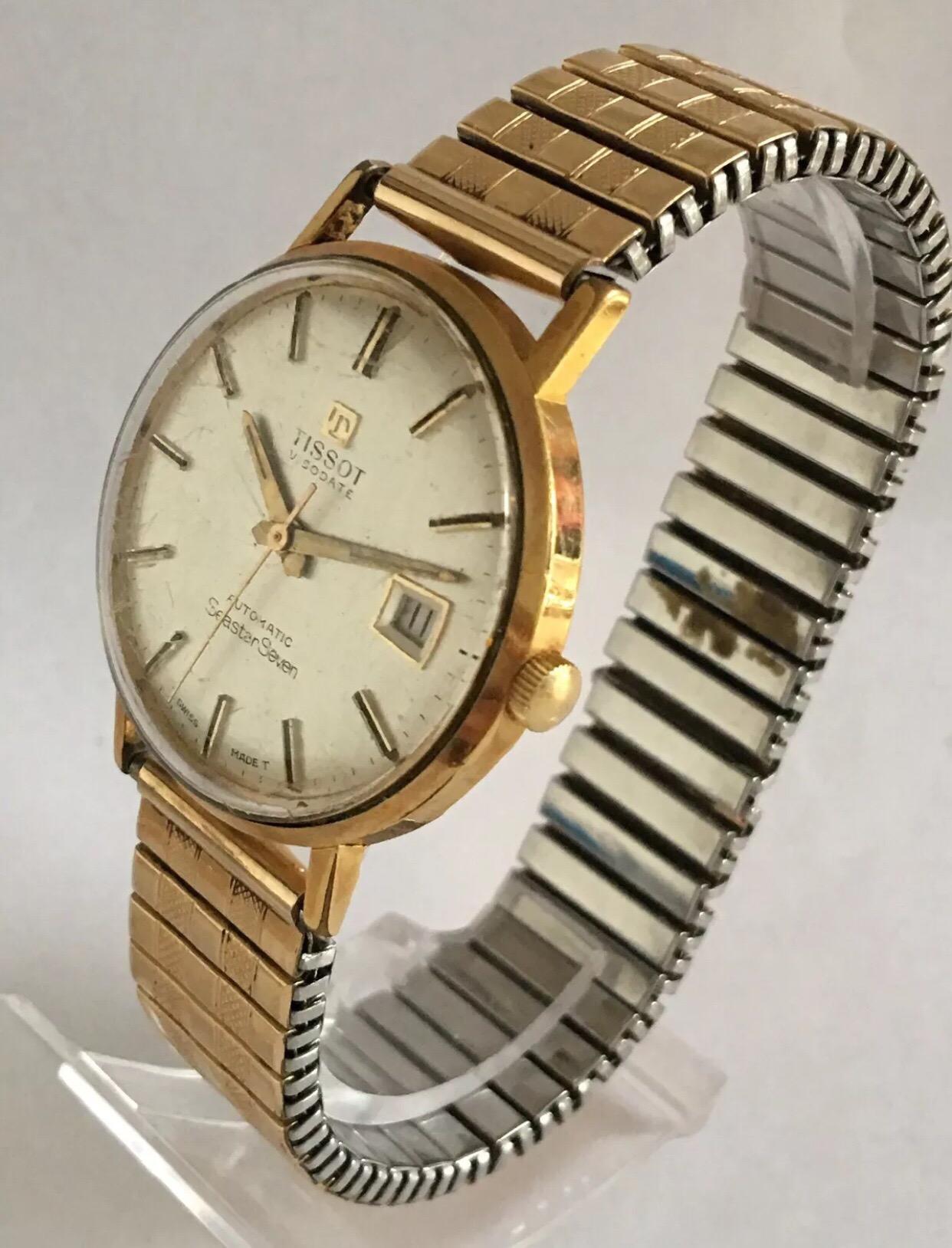 1960’s Gold filled Tissot VISODATE Seastar Seven Automatic Date Display Watch.


This watch is working and is running well. Visible scratches on top of the glass as shown. A tarnished mark in the inner part of its flexible strap.

Please study the