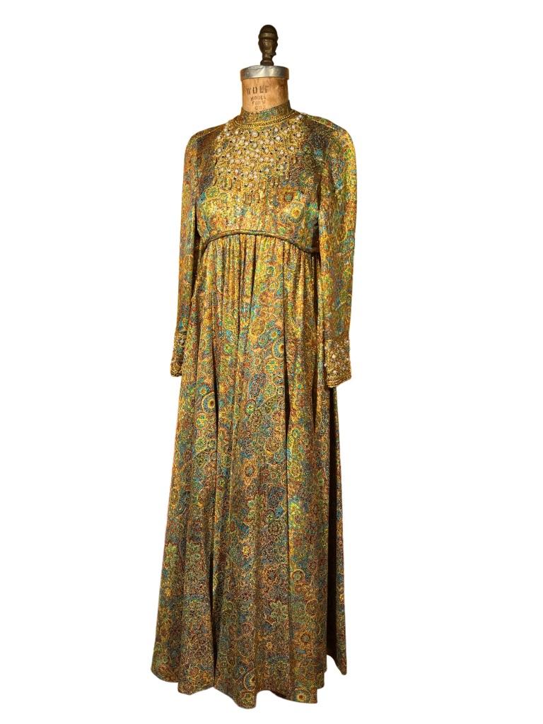 1960’s Gold Gilded Brocade Gown by Joan Leslie In Fair Condition For Sale In Greenport, NY