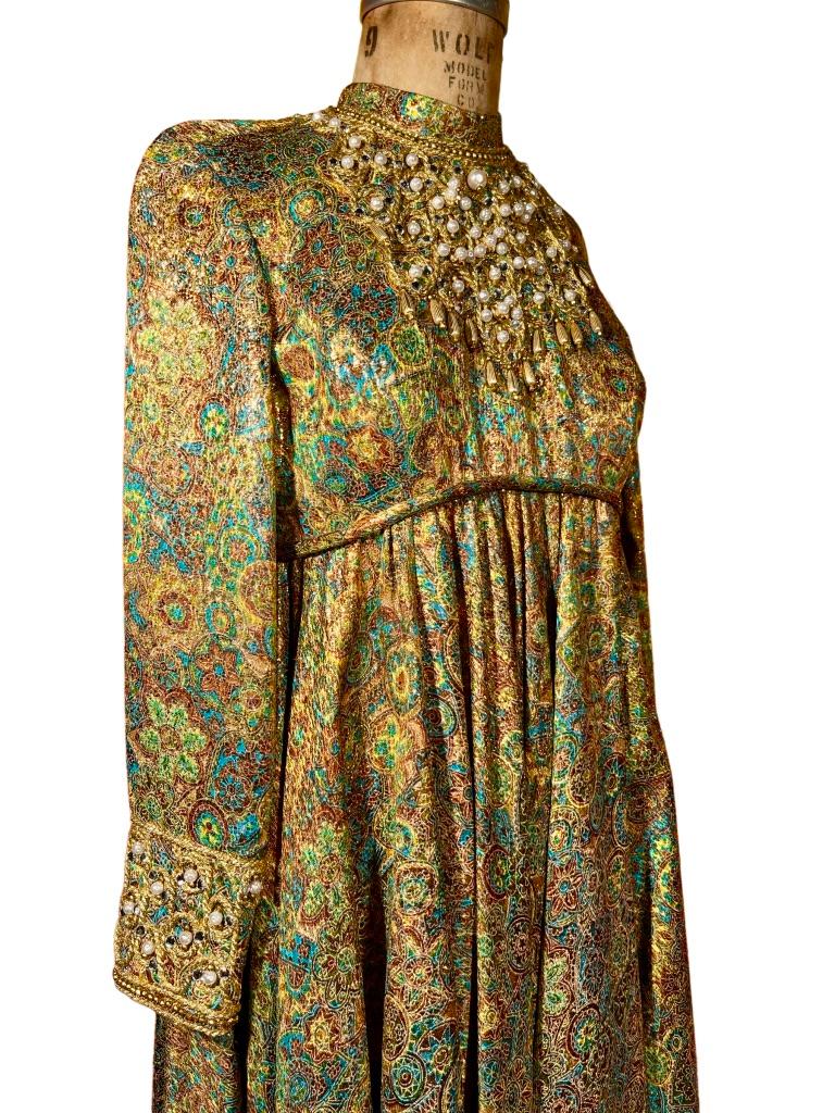 Women's 1960’s Gold Gilded Brocade Gown by Joan Leslie For Sale