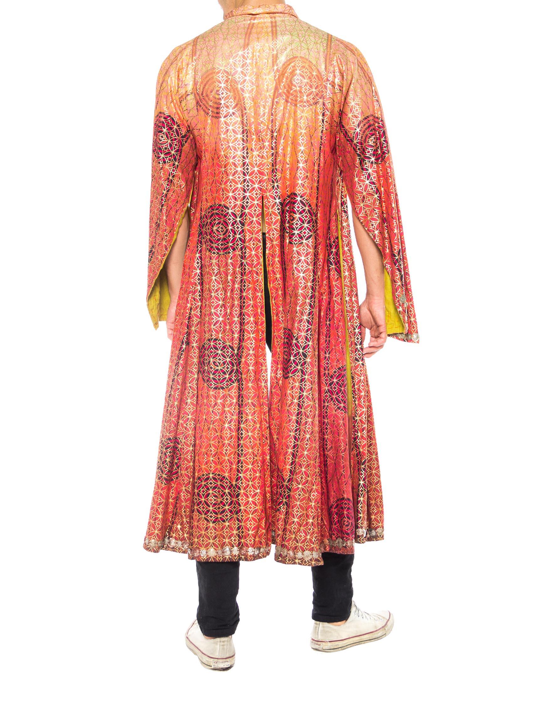 1960S Gold Hand Printed Cotton Blend Full Length Metallic Robe Kimono
Cape
Duster