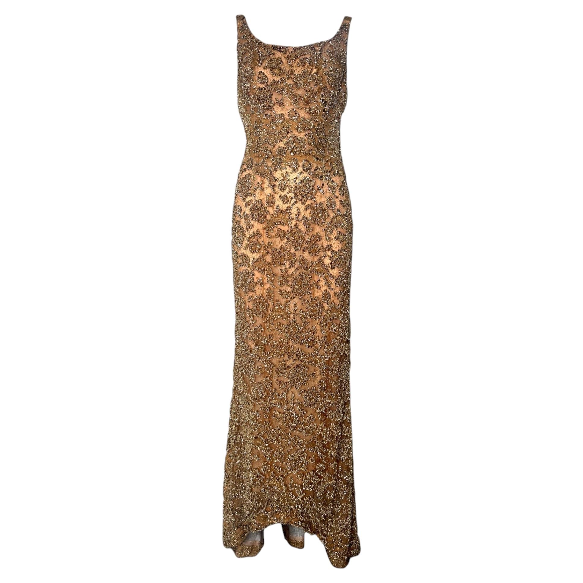 1960's Gold Heavily Embellished Beaded Lace Bombshell Gown For Sale