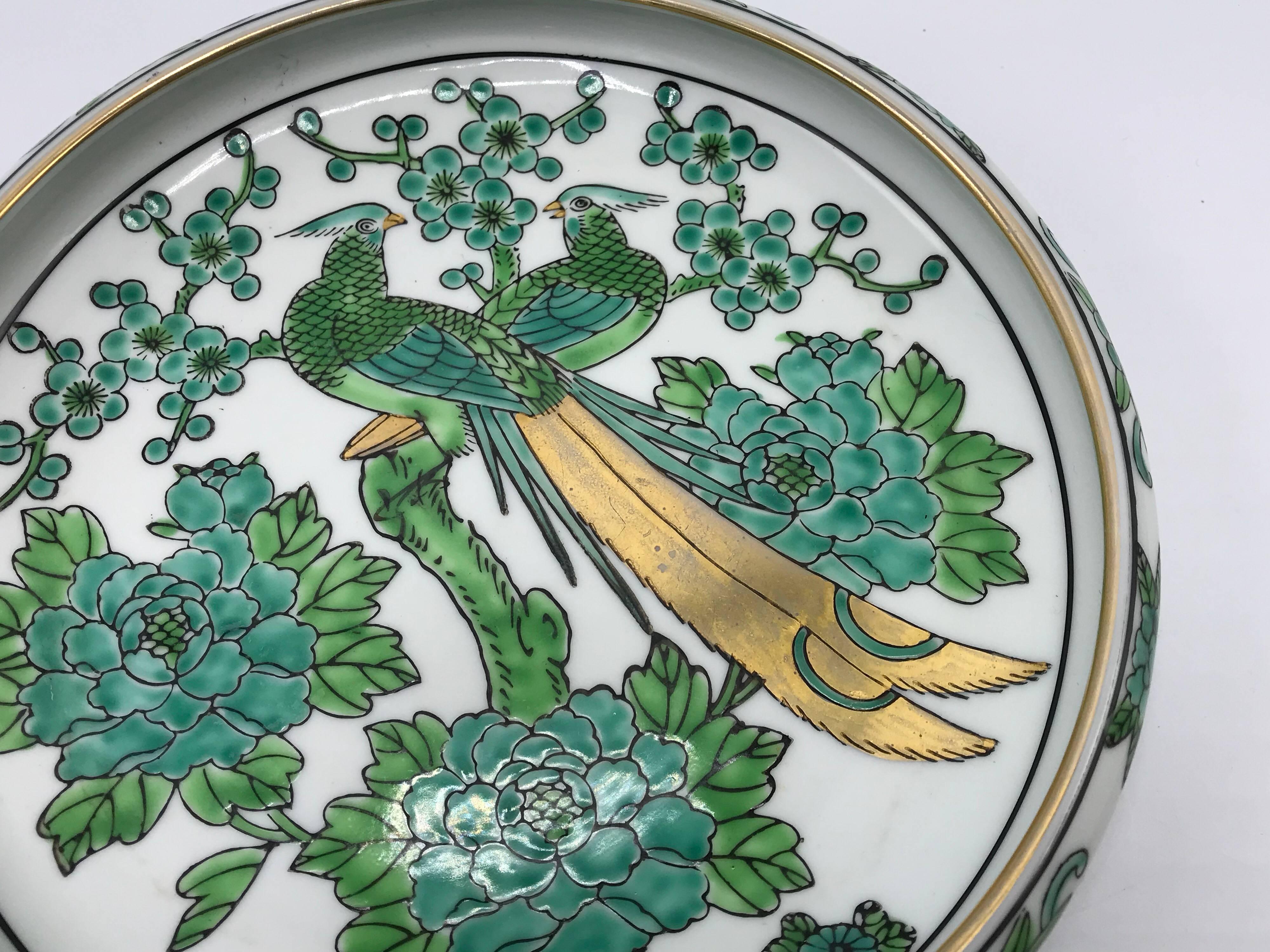 Chinoiserie 1960s Gold Imari Green and White Dish with Peacock Motif