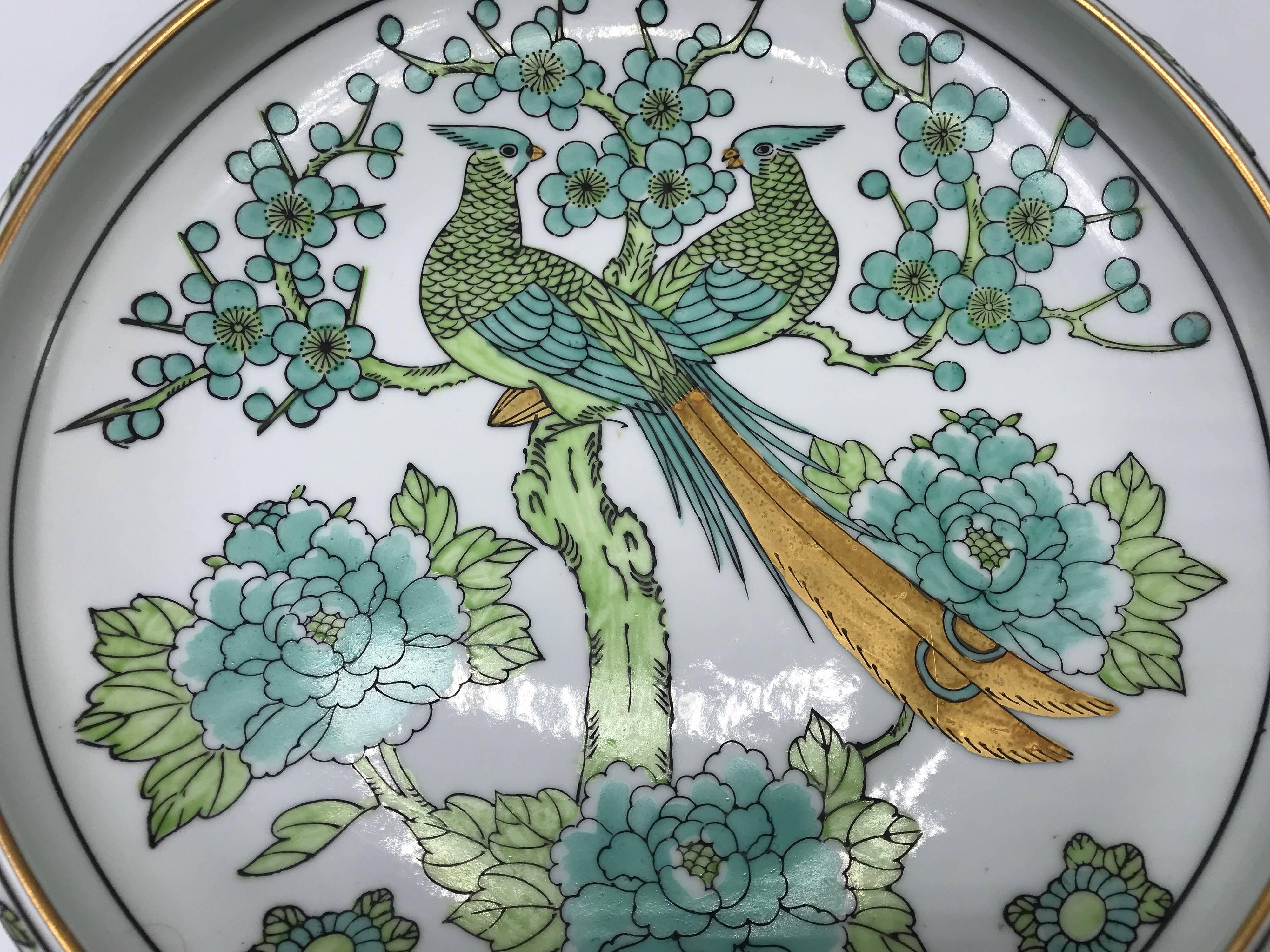 Chinoiserie 1960s Gold Imari Green and White Dish with Peacock Motif