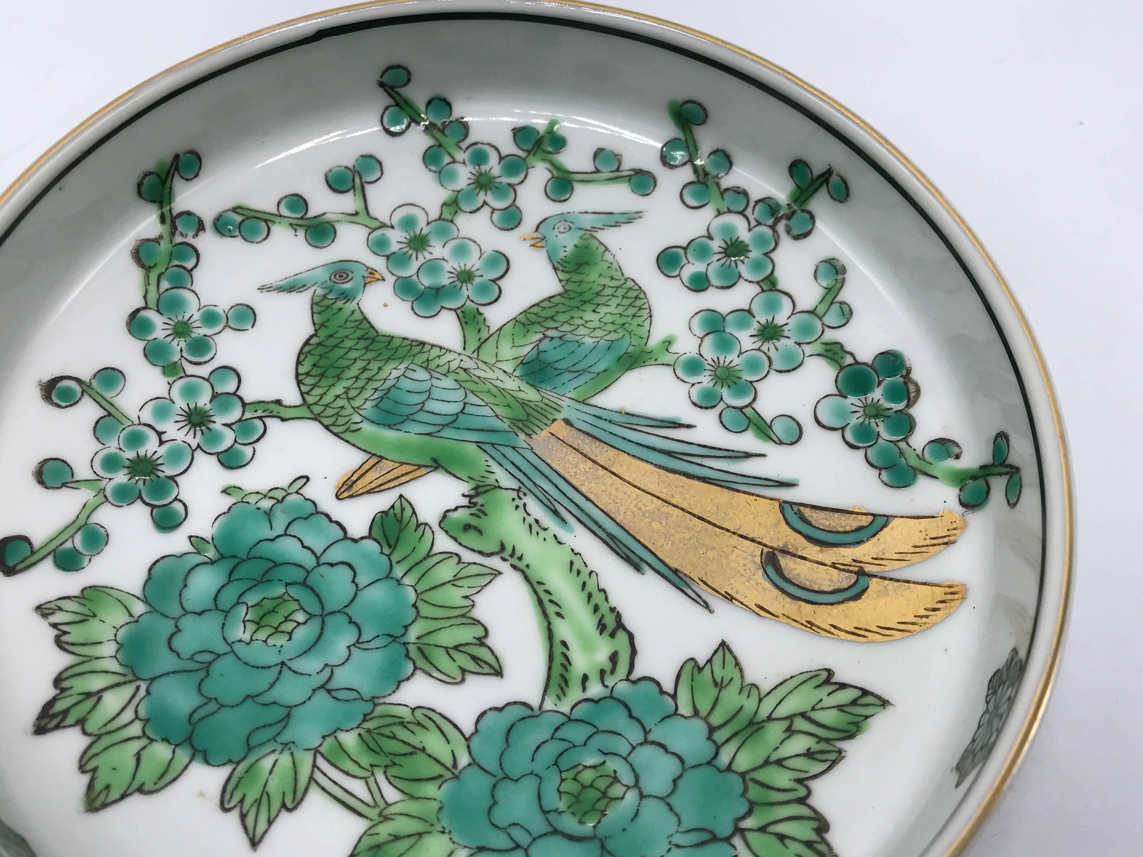 Hand-Painted 1960s Gold Imari Green and White Dish with Peacock Motif