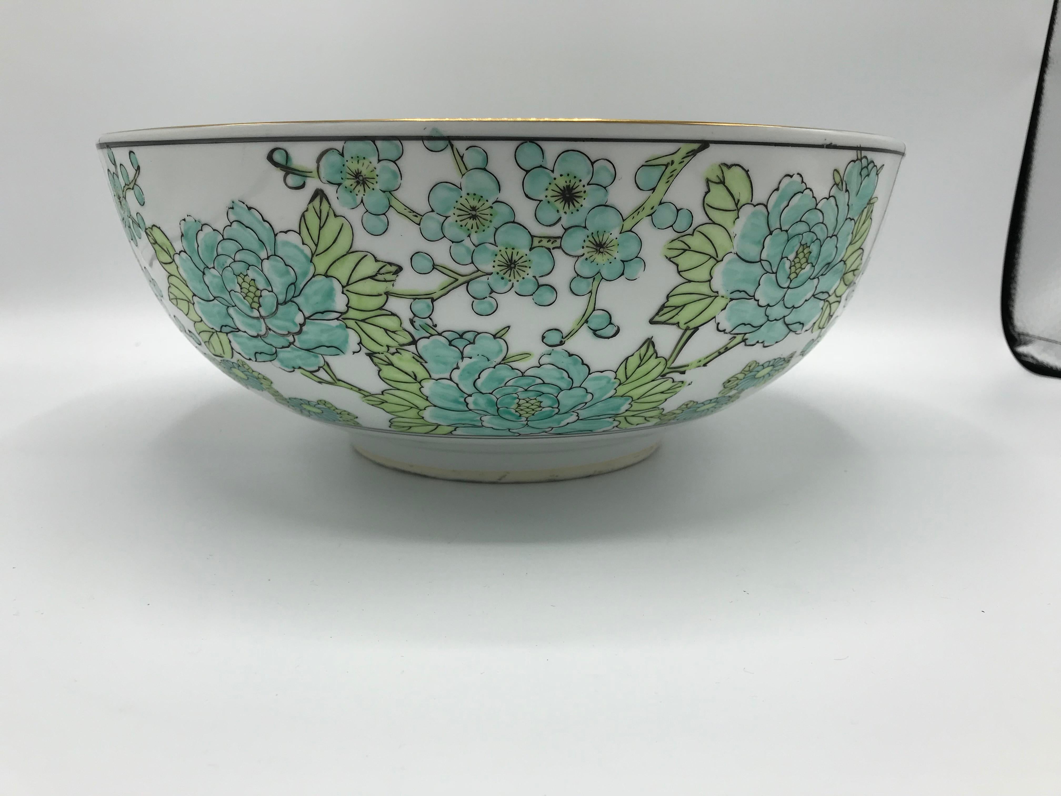 Chinoiserie 1960s Gold-Imari Green and White Peacock Punch Bowl