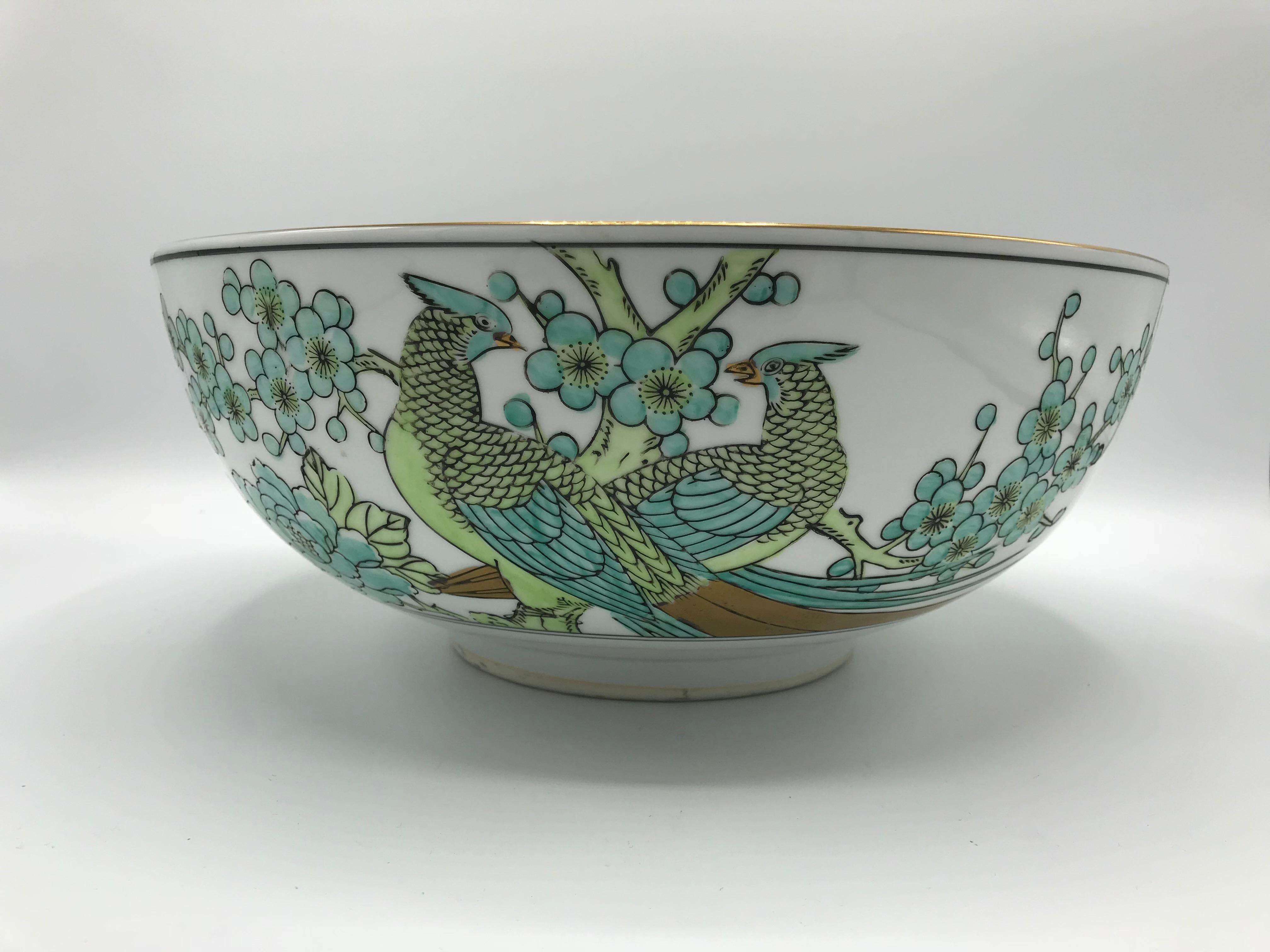 Asian 1960s Gold-Imari Green and White Peacock Punch Bowl