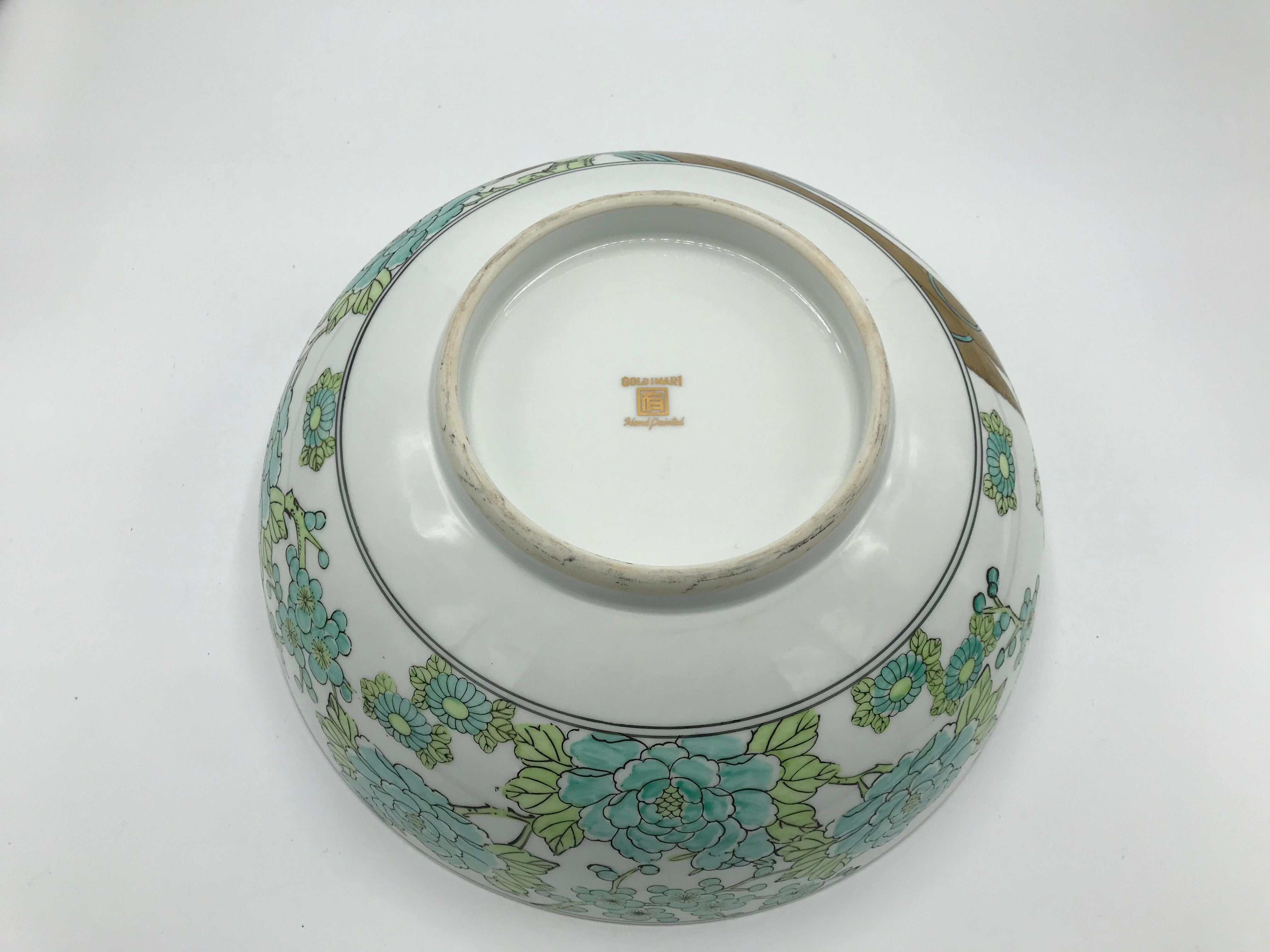 Porcelain 1960s Gold-Imari Green and White Peacock Punch Bowl