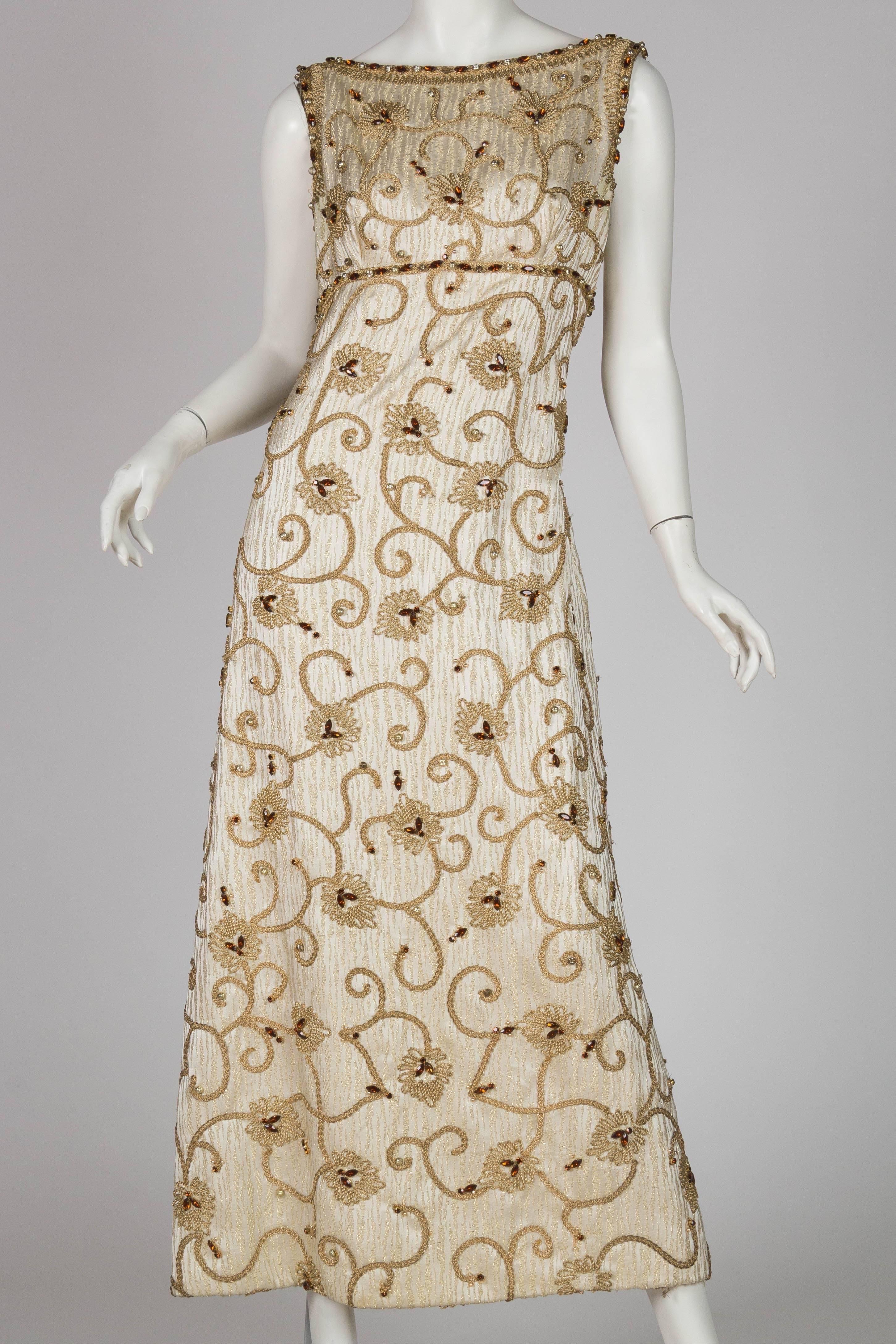 1960S Gold Lamé Rayon Blend Jacquard Gown With Embroidered Rope Vines & Crystal Flowers