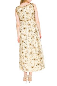 1960S Gold Lamé Rayon Blend Jacquard Gown With Embroidered Rope Vines & Crystal