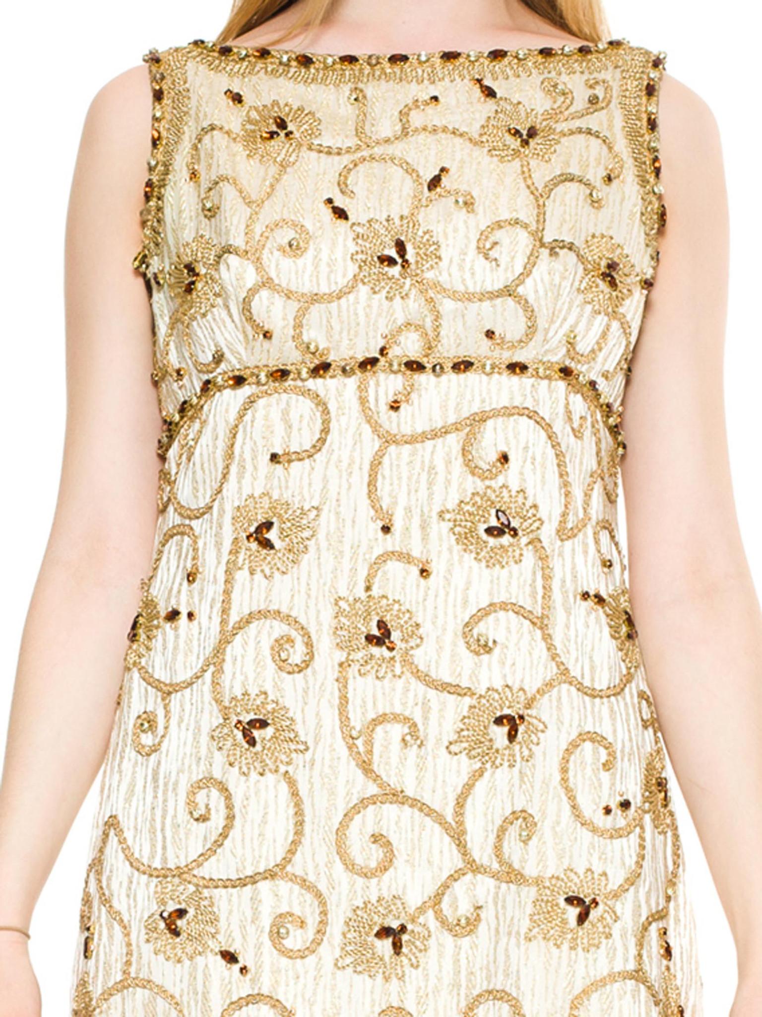 White 1960S Gold Lamé Rayon Blend Jacquard Gown With Embroidered Rope Vines & Crystal For Sale