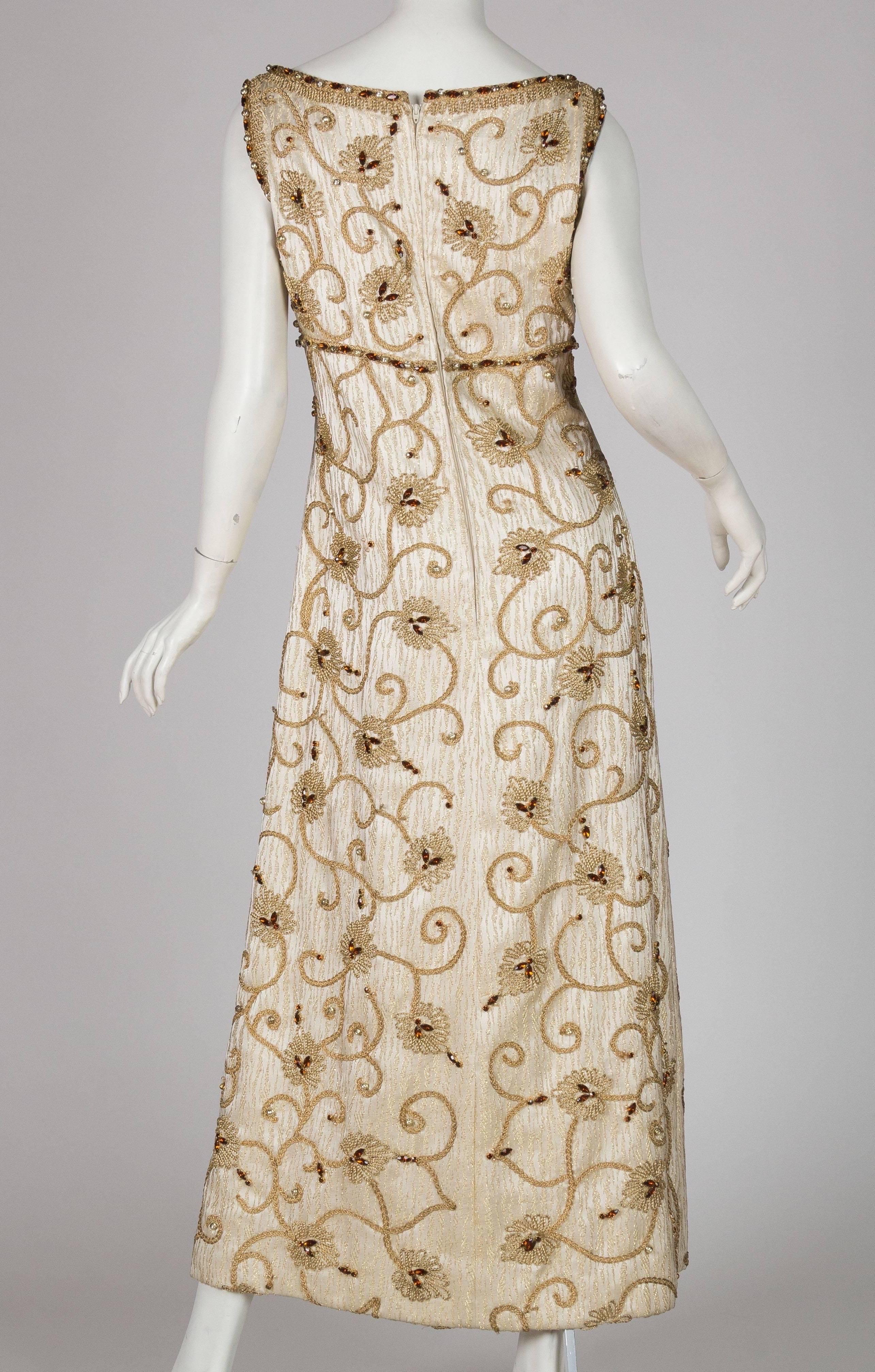1960S Gold Lamé Rayon Blend Jacquard Gown With Embroidered Rope Vines & Crystal For Sale 2