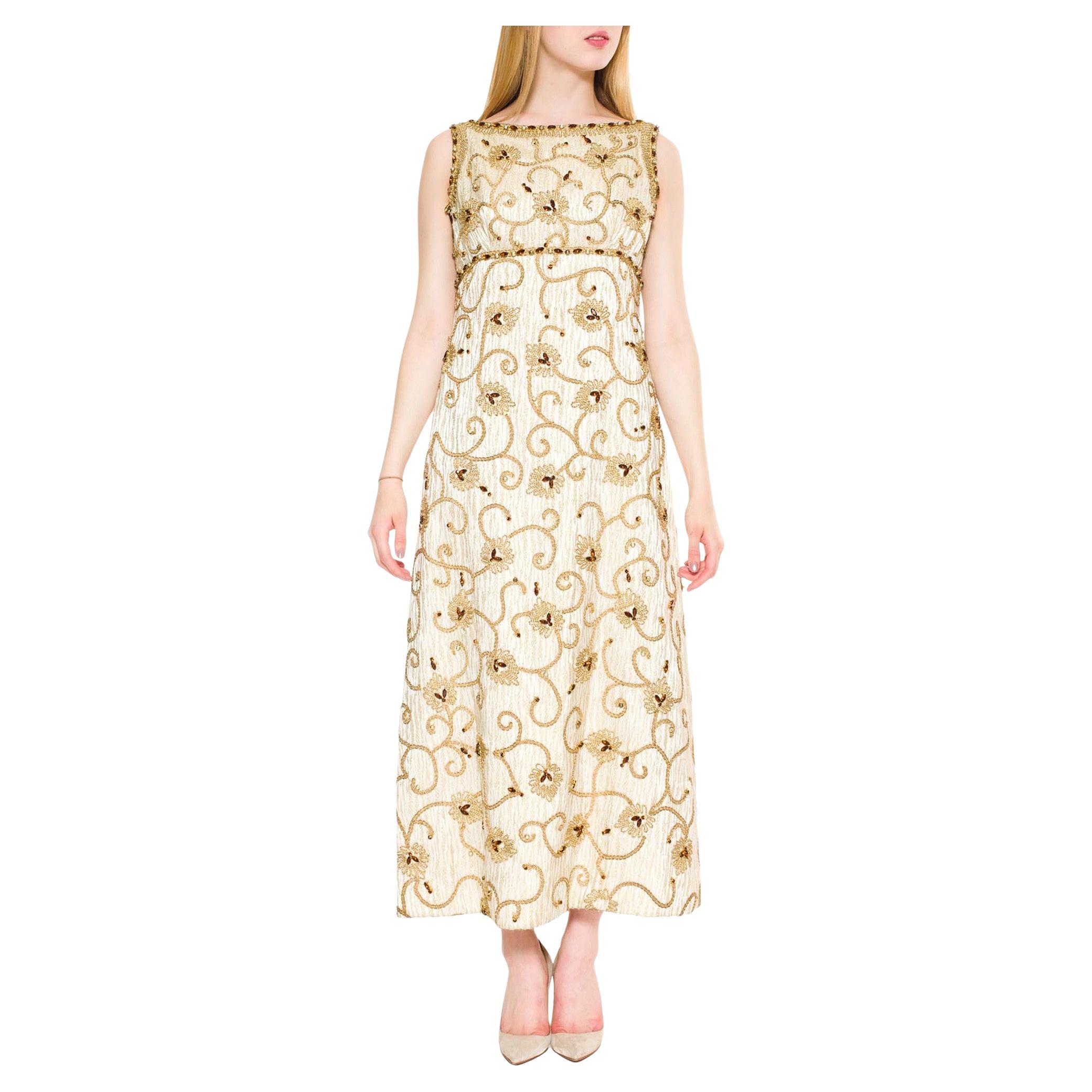 1960S Gold Lamé Rayon Blend Jacquard Gown With Embroidered Rope Vines & Crystal For Sale