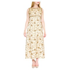 1960S Gold Lamé Rayon Blend Jacquard Gown With Embroidered Rope Vines & Crystal