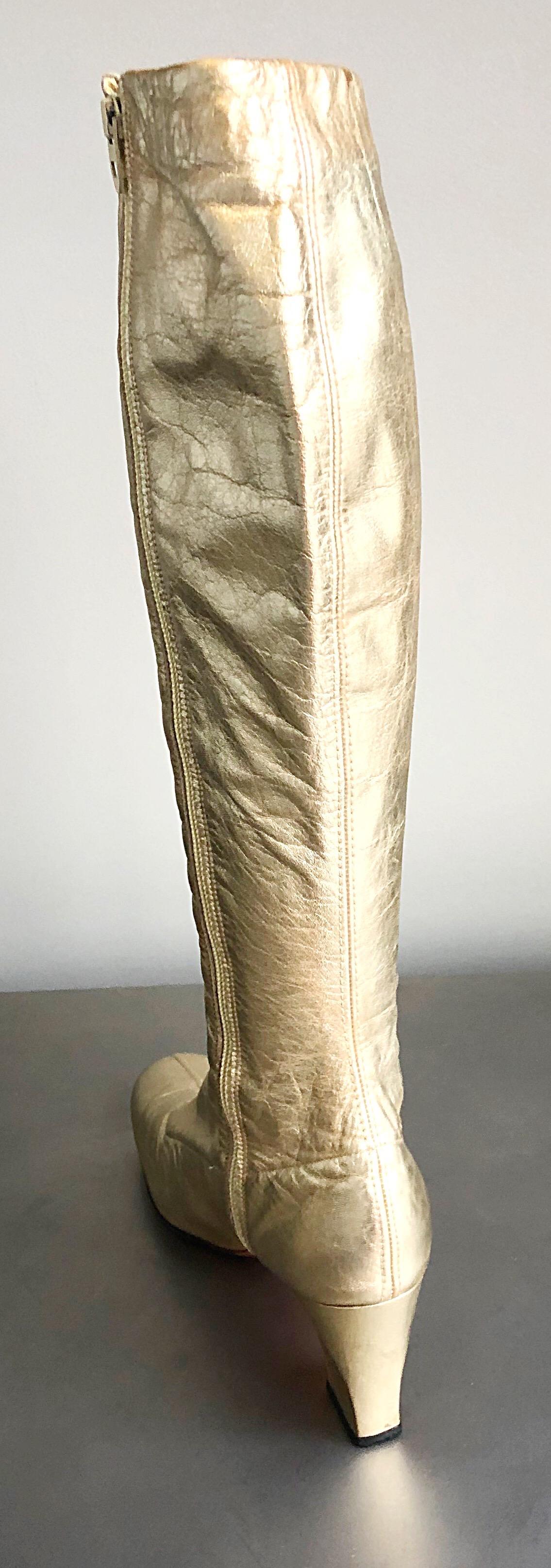 1960s Gold Leather Size 6 N Knee High Vintage 60s Mod Retro Go-Go Boots  Shoes