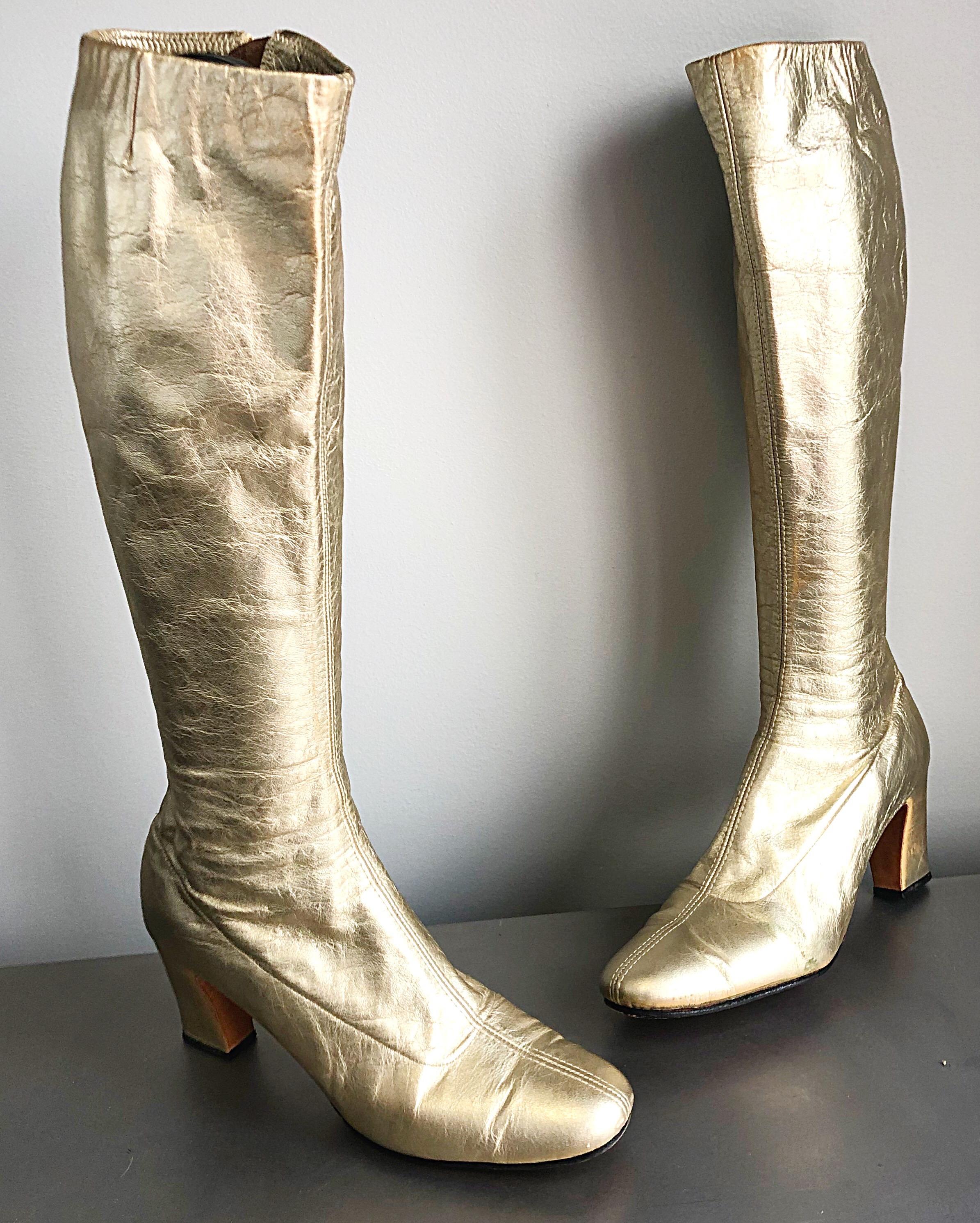 1960s Gold Leather Size 6 N Knee High Vintage 60s Mod Retro Go-Go Boots Shoes For Sale 2