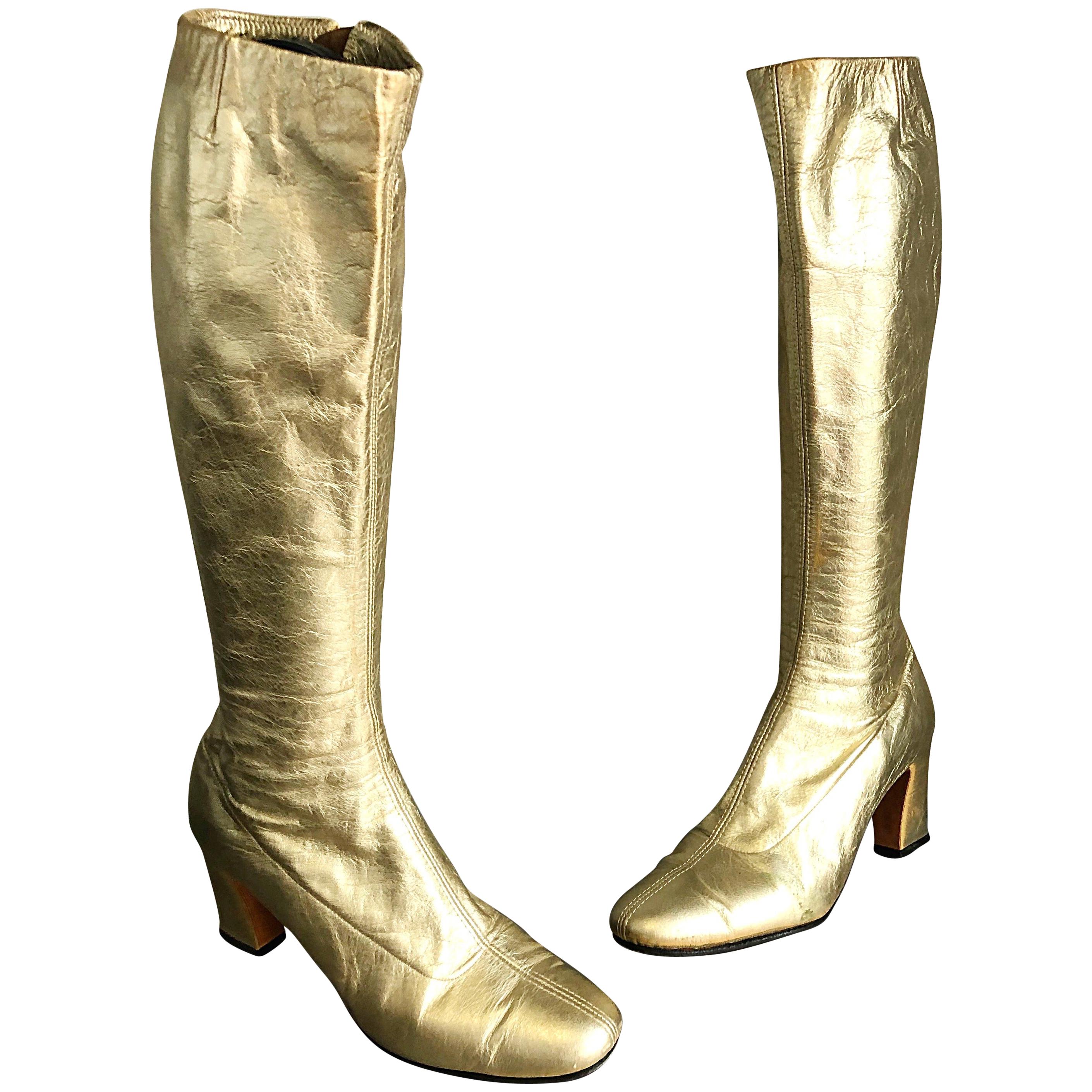 1960s Gold Leather Size 6 N Knee High Vintage 60s Mod Retro Go-Go Boots Shoes