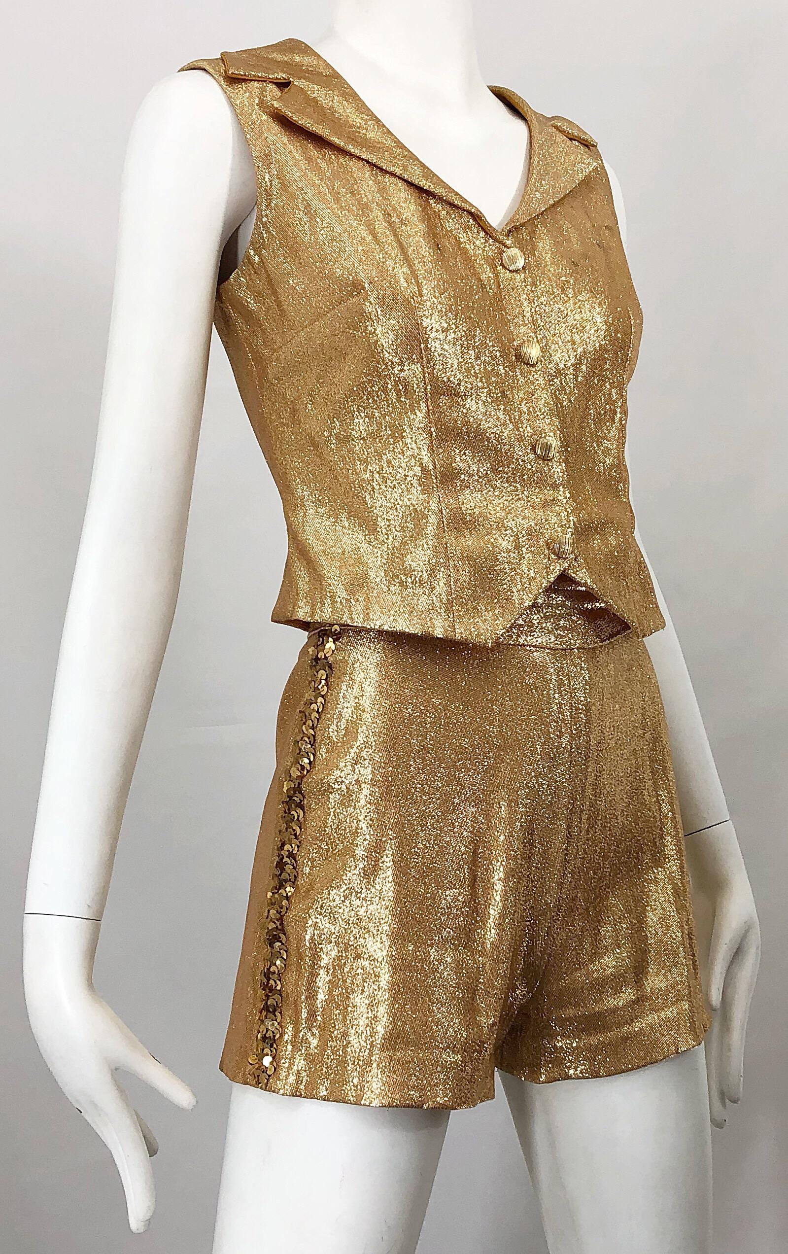 1960s Gold Lurex Sequined Marching Band Vintage Sequined 60s Shorts and Shirt For Sale 2