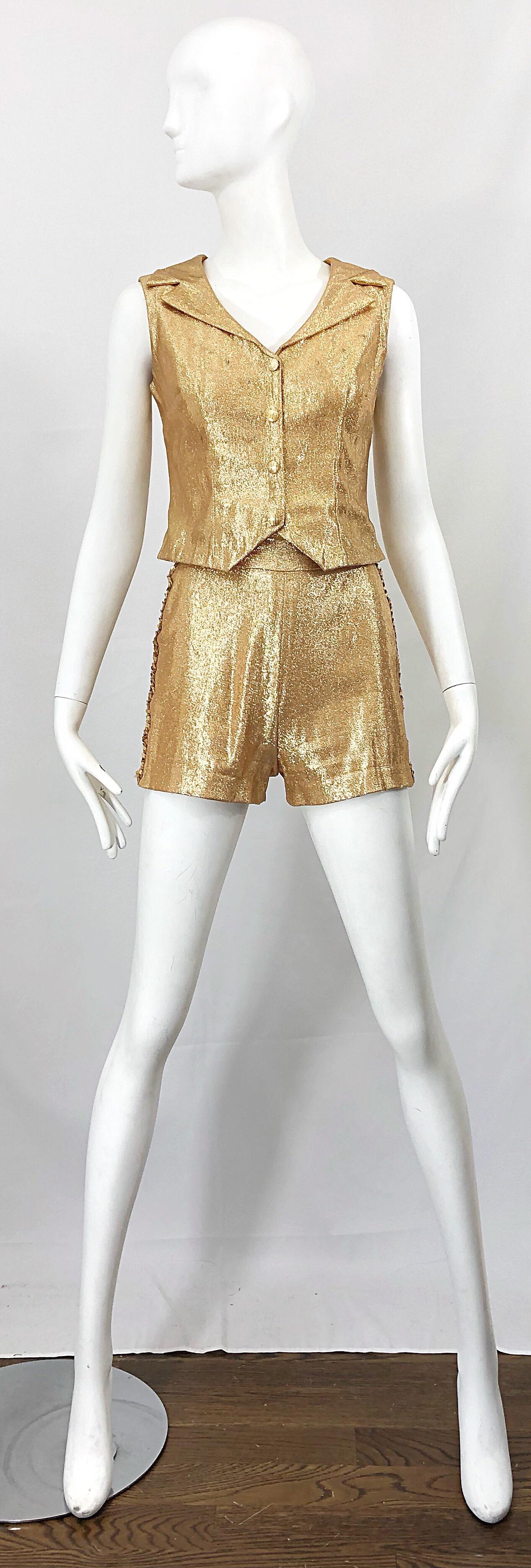 1960s Gold Lurex Sequined Marching Band Vintage Sequined 60s Shorts and Shirt For Sale 6