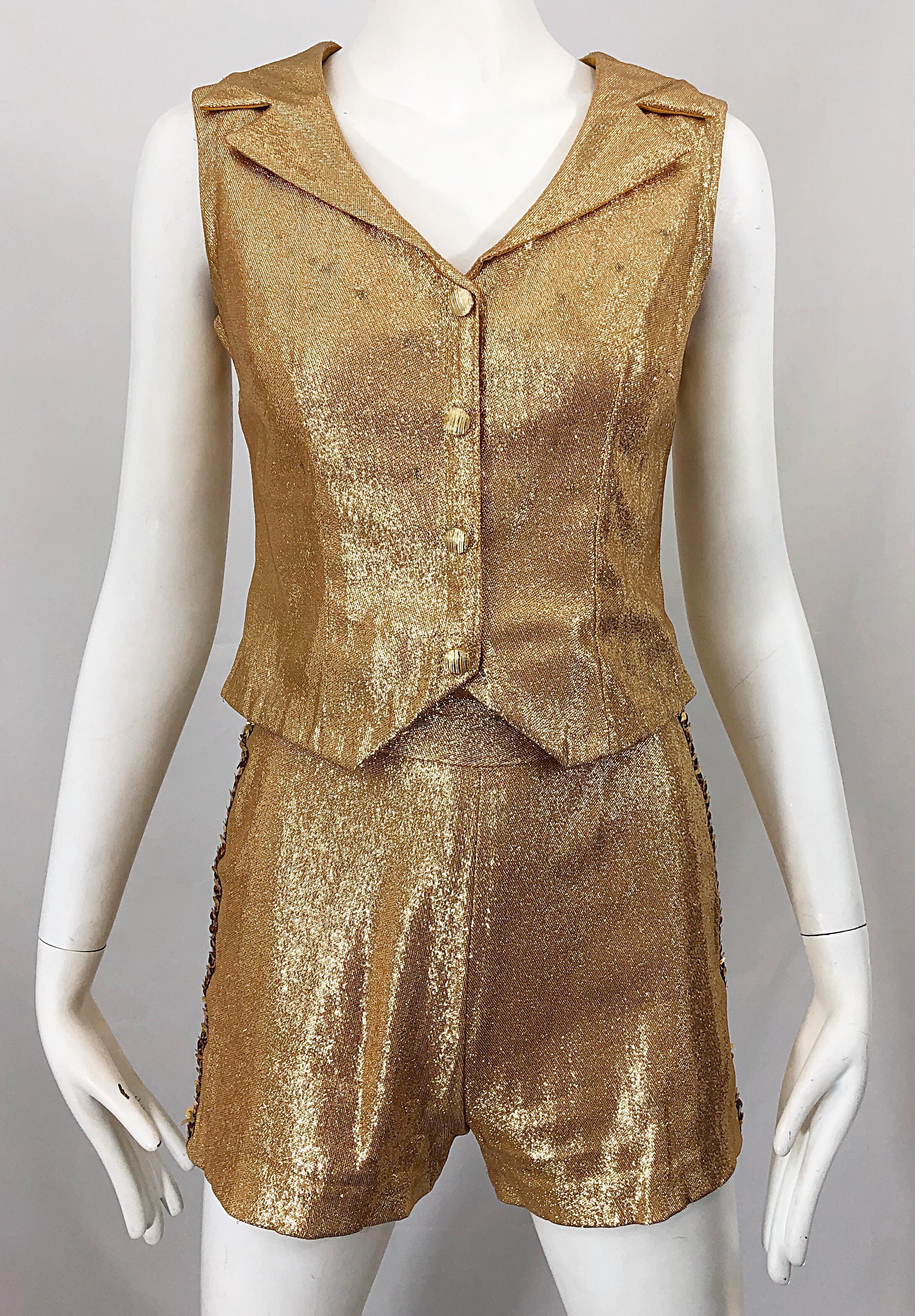 Brown 1960s Gold Lurex Sequined Marching Band Vintage Sequined 60s Shorts and Shirt For Sale