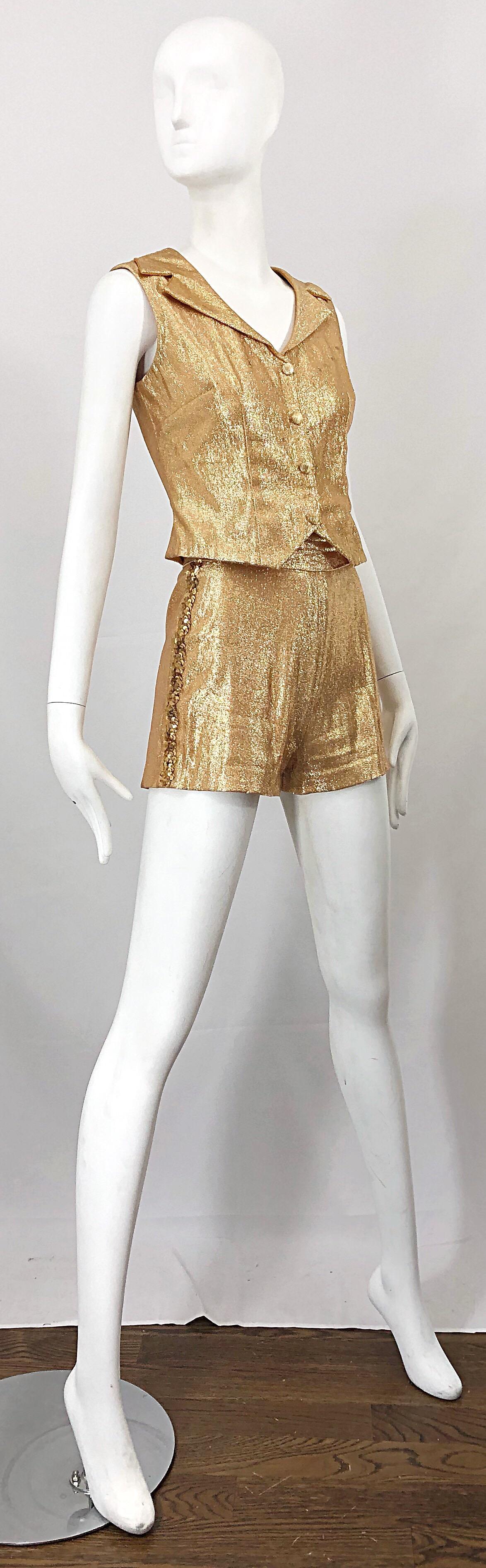 Women's 1960s Gold Lurex Sequined Marching Band Vintage Sequined 60s Shorts and Shirt For Sale