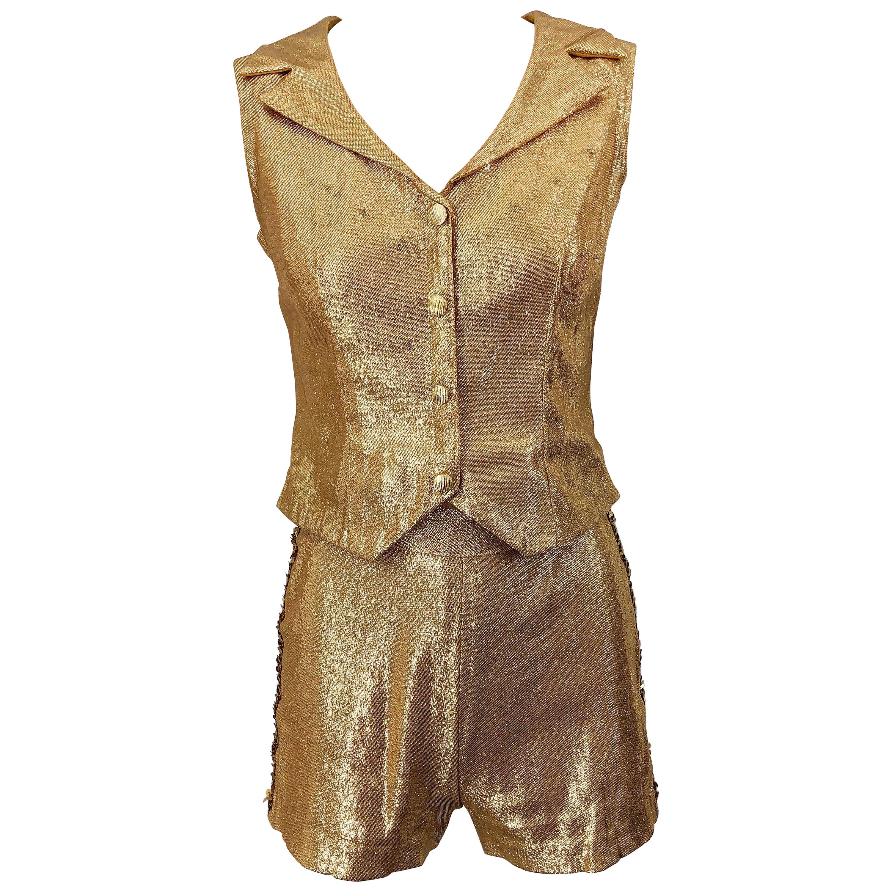 1960s Gold Lurex Sequined Marching Band Vintage Sequined 60s Shorts and Shirt For Sale